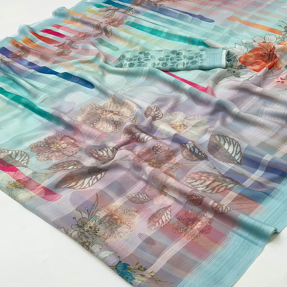 Blue Contemporary Floral Digital Printed Silk Blend Saree With Textured Striped Weaving - Image 2