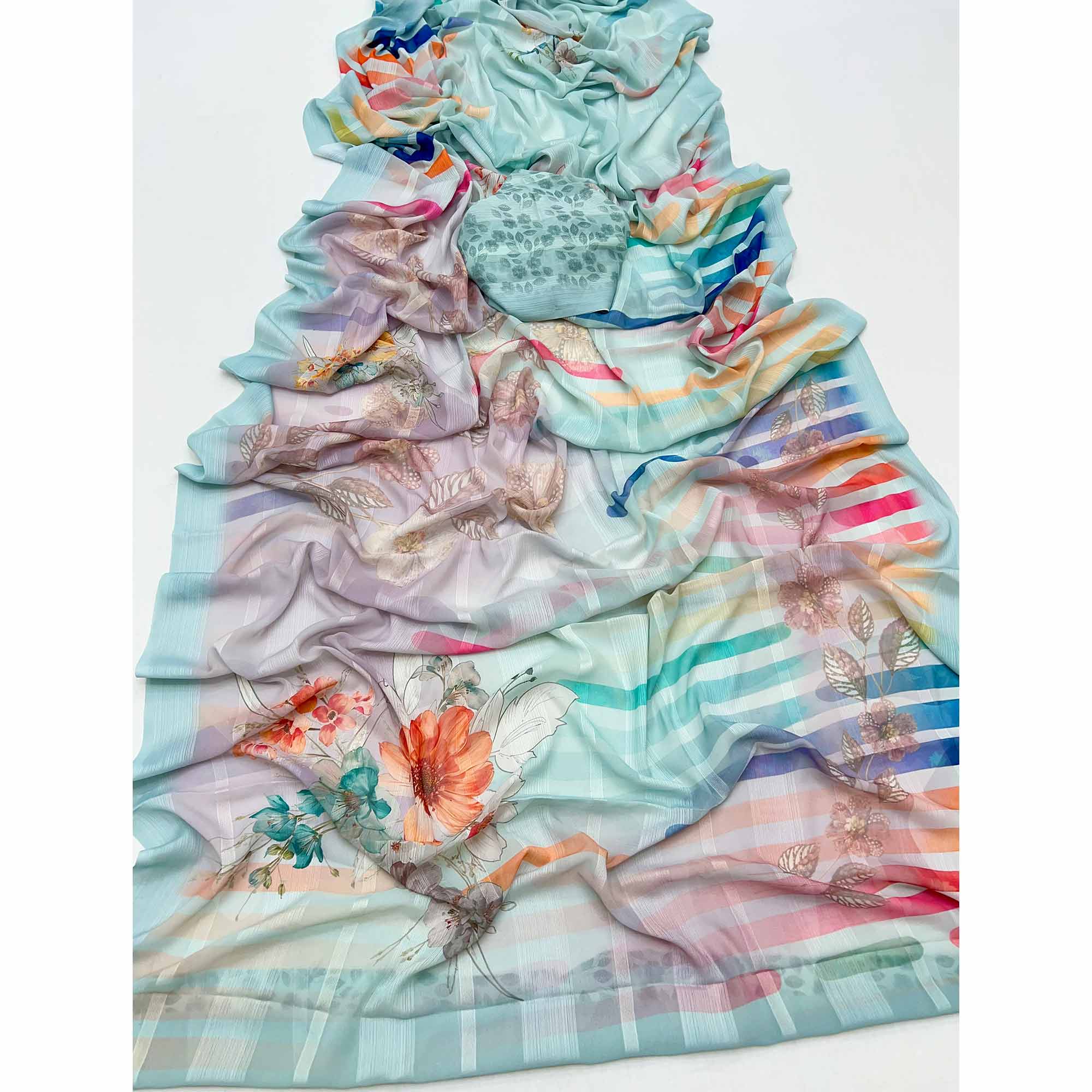 Blue Contemporary Floral Digital Printed Silk Blend Saree With Textured Striped Weaving - Image 3