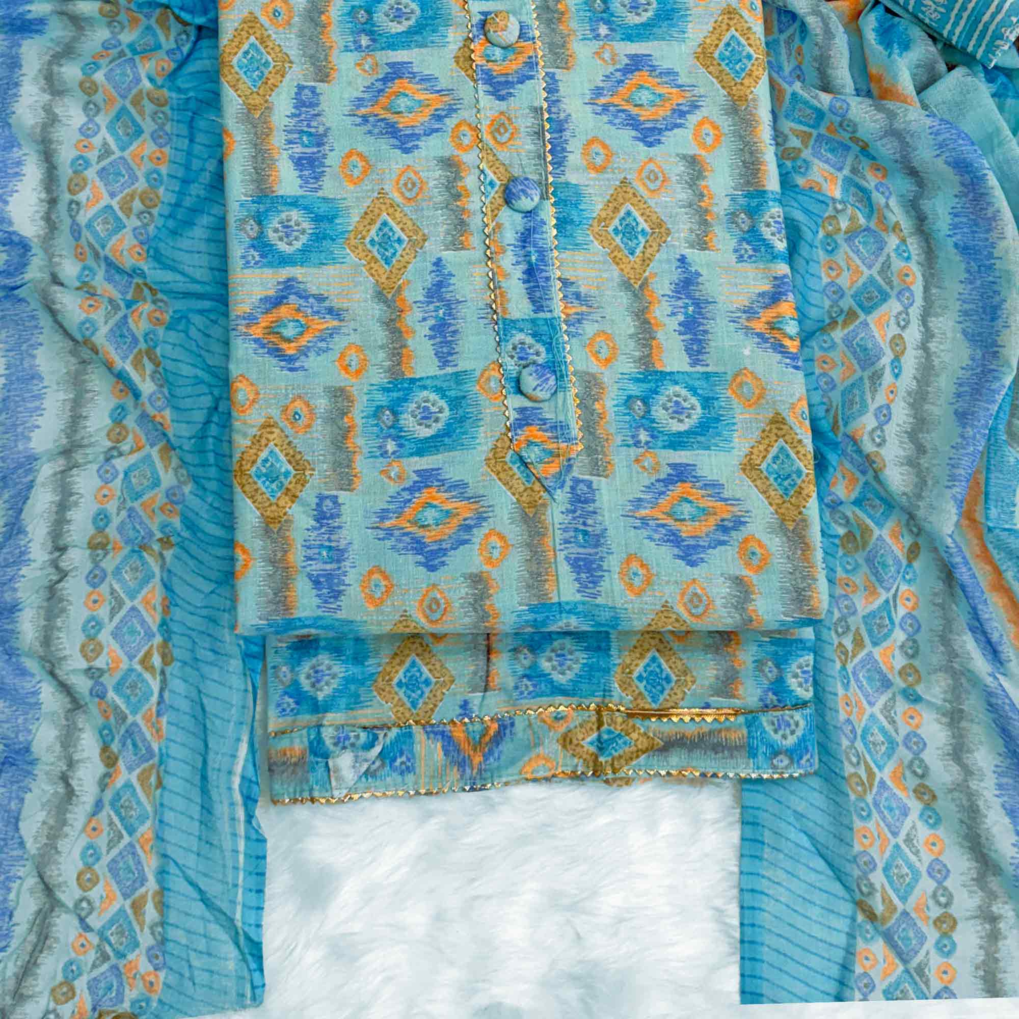 Blue Contemporary Ikat & Geometric Style Print Pure Cotton Dress Material With Decorative Button - Image 4