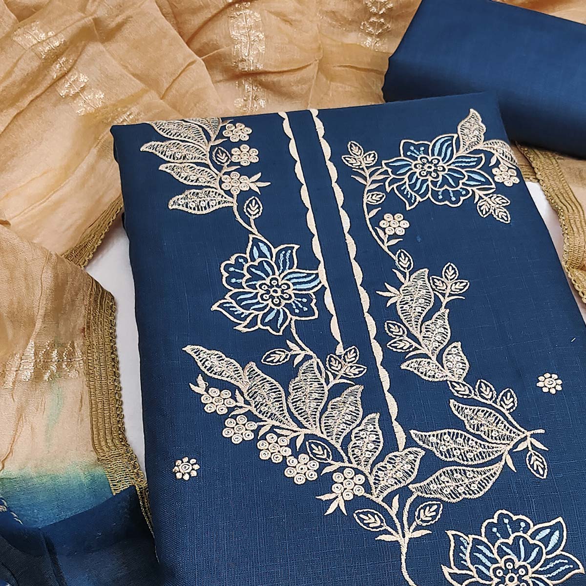 Blue Cotton Blend Dress Material Adorned With Elegant Floral Embroidery & Sequins Detailing - Image 2