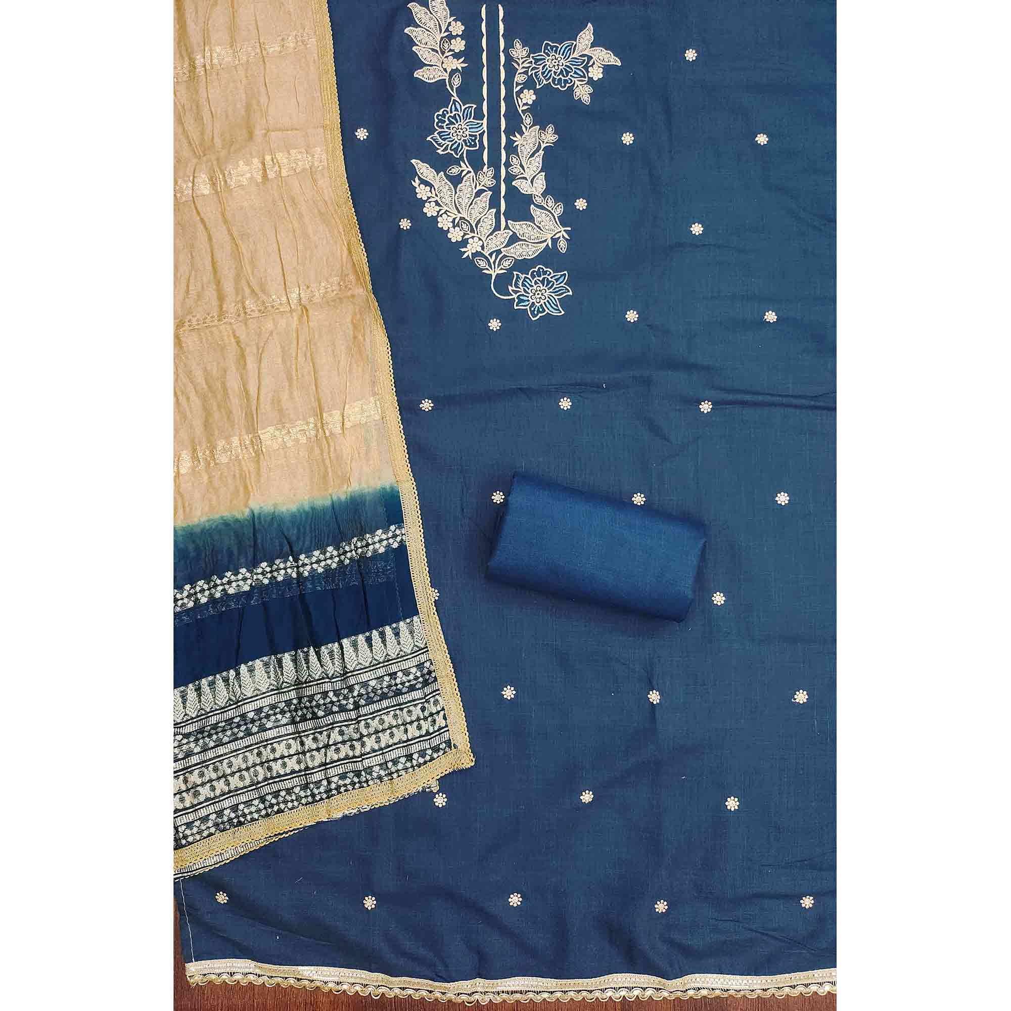 Blue Cotton Blend Dress Material Adorned With Elegant Floral Embroidery & Sequins Detailing - Image 3