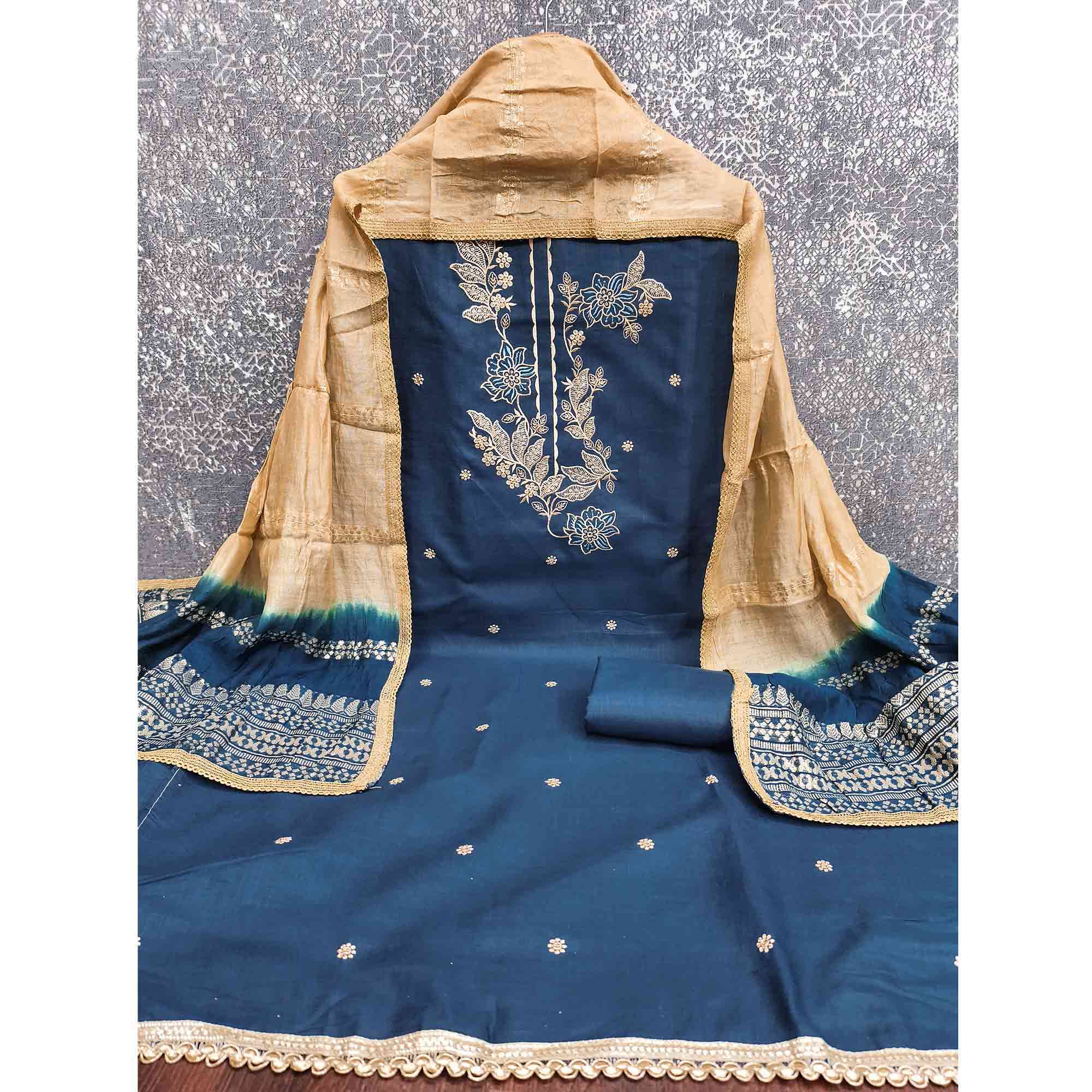 Blue Cotton Blend Dress Material Adorned With Elegant Floral Embroidery & Sequins Detailing - Image 5
