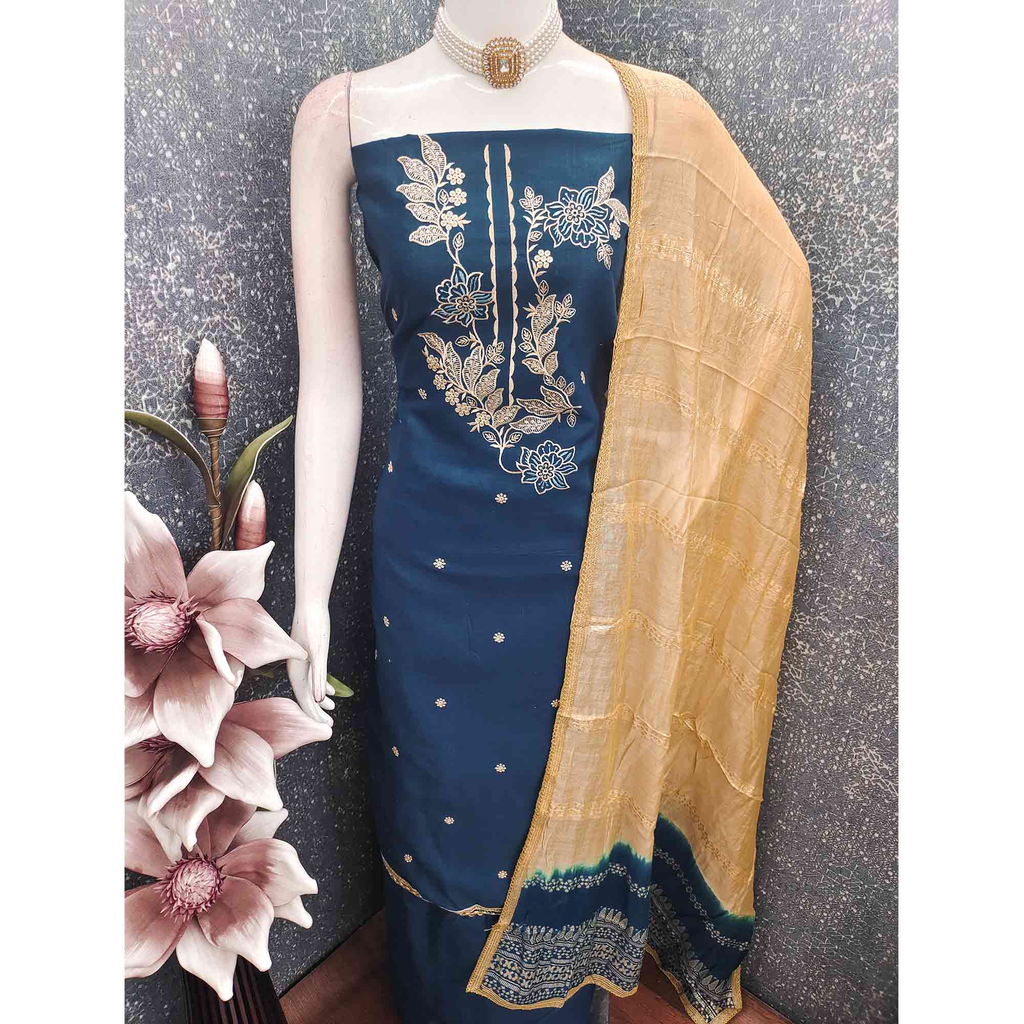 Blue Cotton Blend Dress Material Adorned With Elegant Floral Embroidery & Sequins Detailing - Image 6