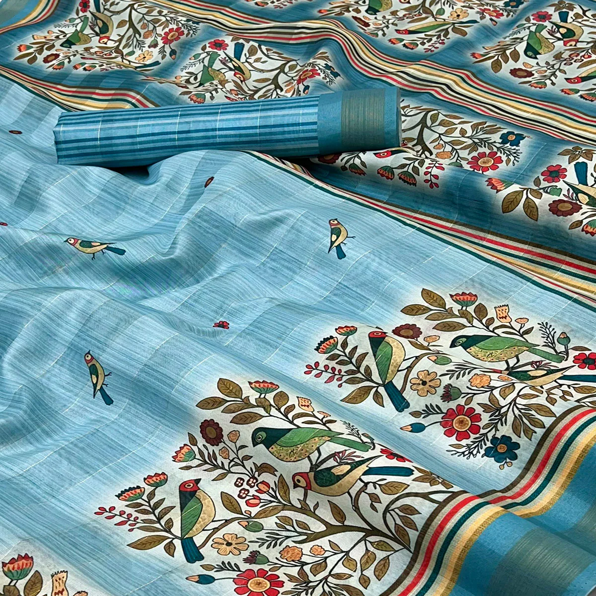 Blue Cotton Blend Saree Highlighted With Bird & Floral Digital Print - Image 2