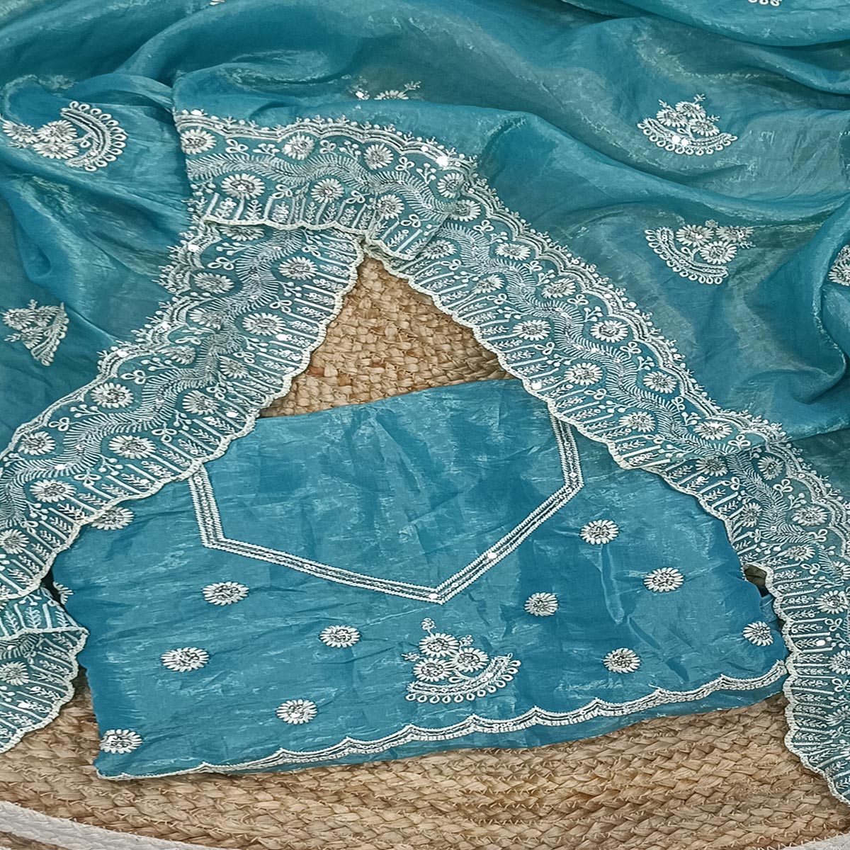 Blue Cotton Blend Saree With Intricate Floral Thread Embroidery & Sparkling Sequins - Image 2