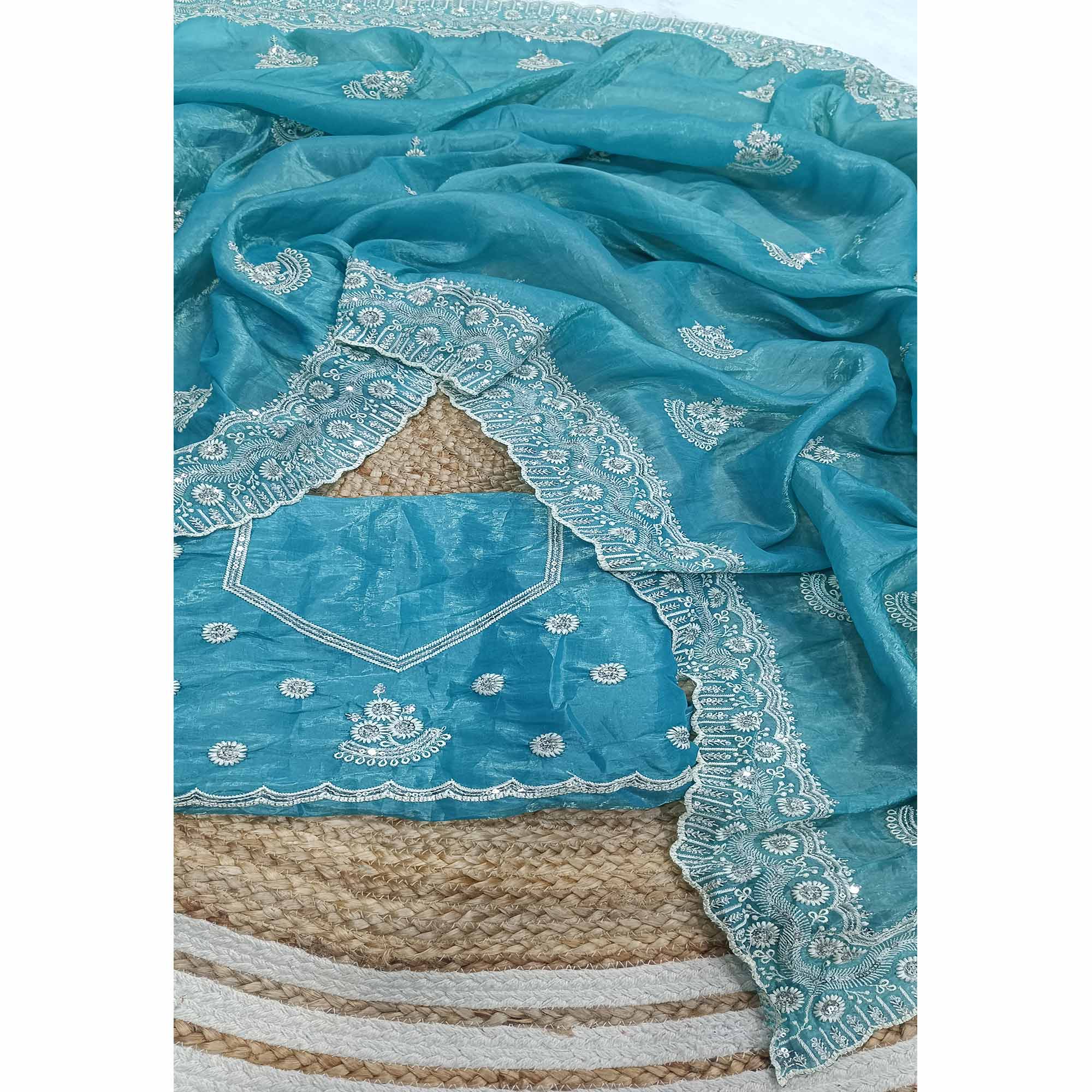 Blue Cotton Blend Saree With Intricate Floral Thread Embroidery & Sparkling Sequins - Image 3