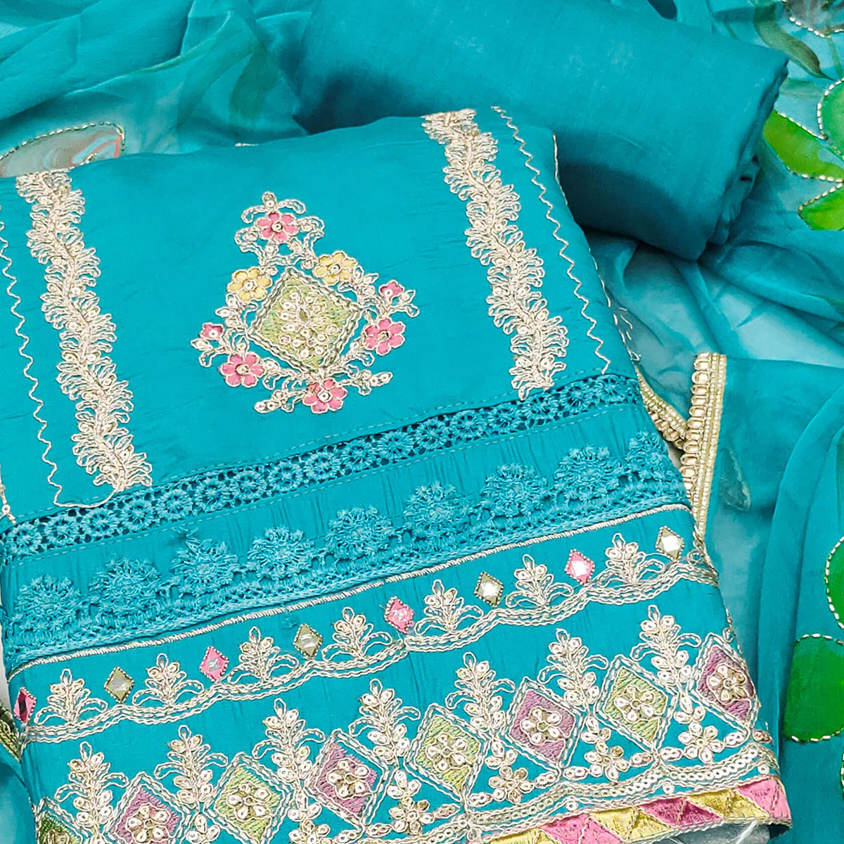 Blue Cotton Silk Dress Material Enhanced With Exquisite Floral Cording Embroidery & Sequins Work - Image 2