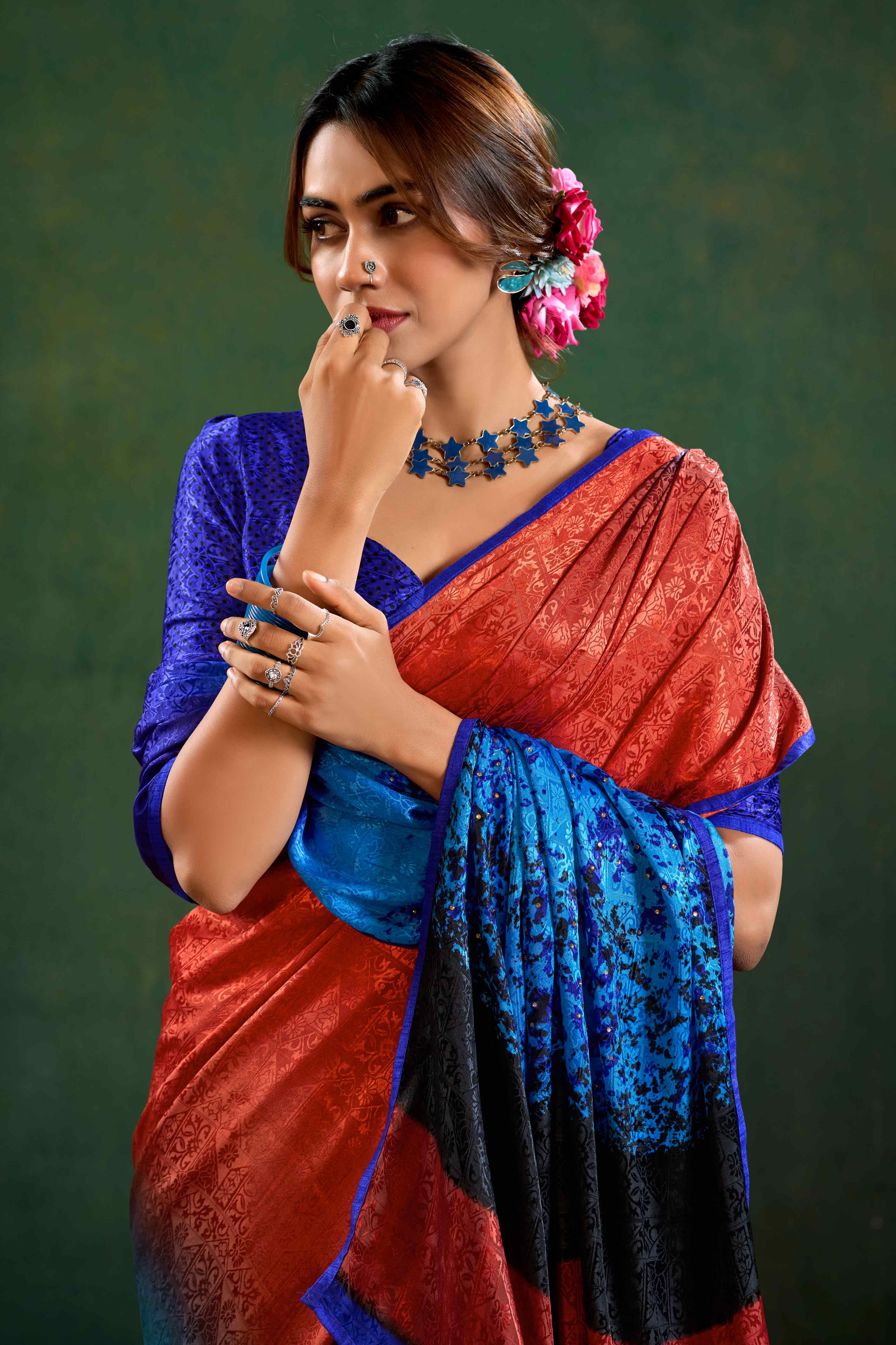Blue Crepe Jacquard Saree with Vibrant Prints & Stone Work - Image 4
