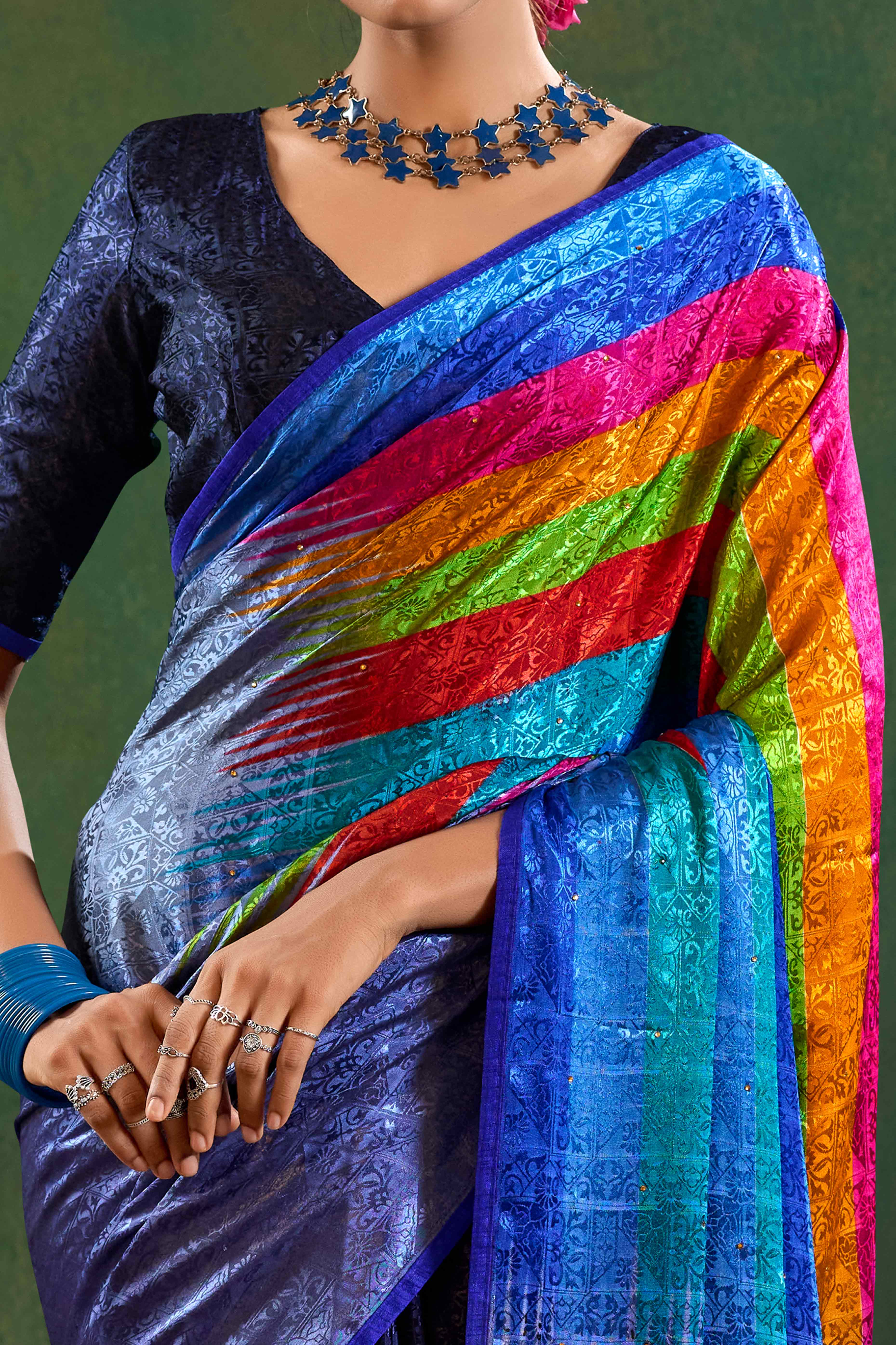 Blue Crepe Jacquard Saree with Vibrant Prints & Stone Work - Image 2