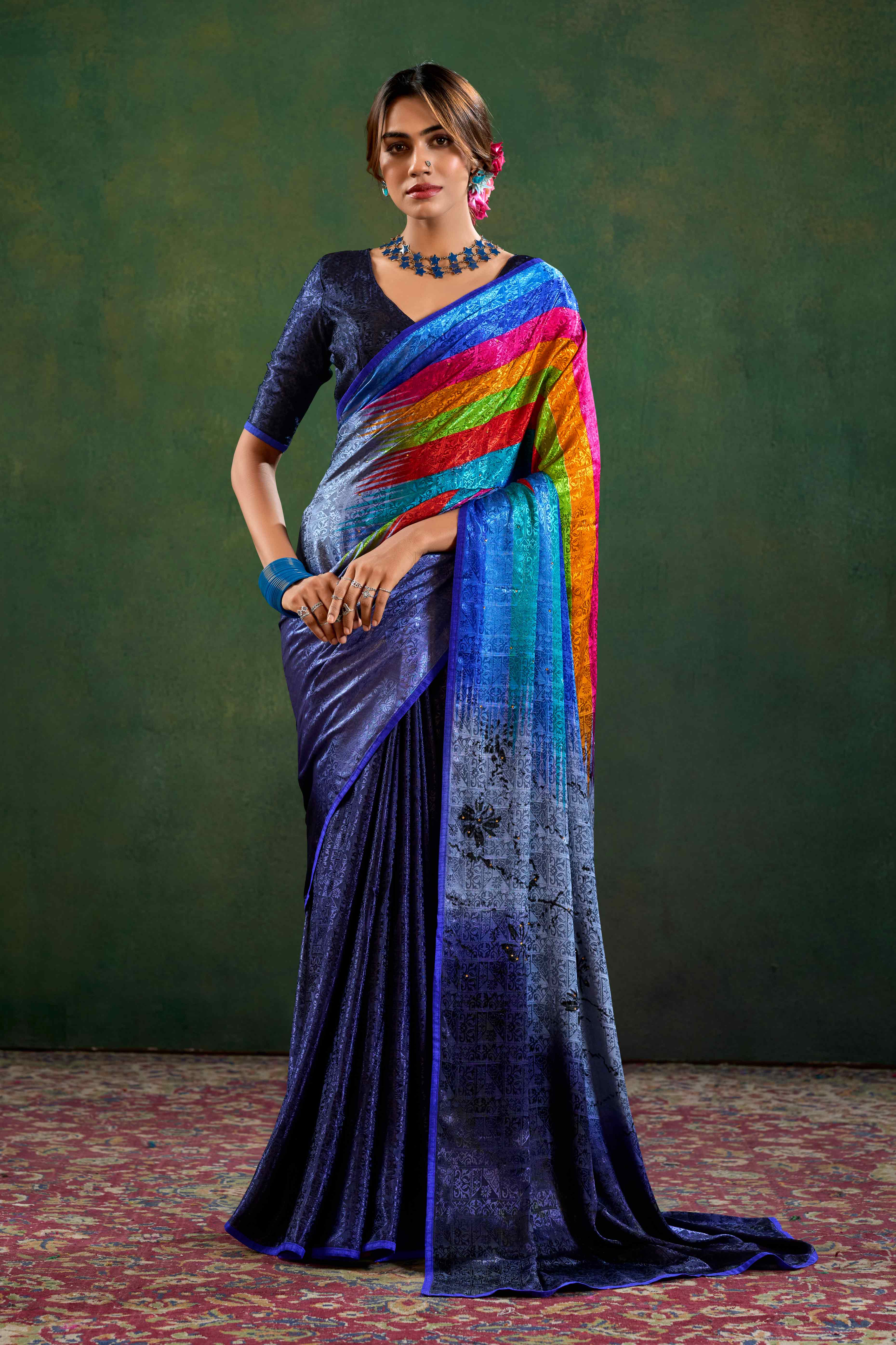 Blue Crepe Jacquard Saree with Vibrant Prints & Stone Work - Image 3