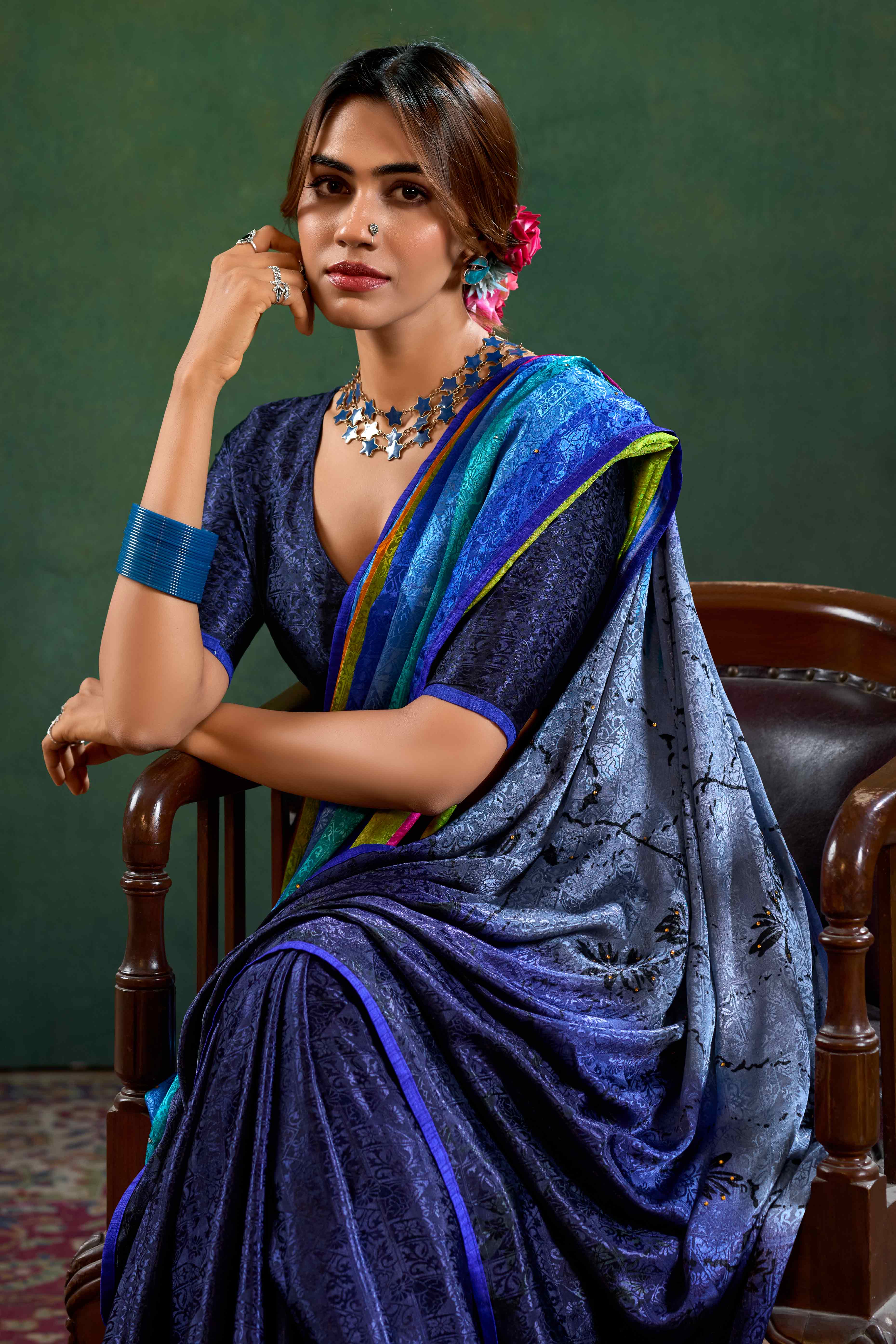 Blue Crepe Jacquard Saree with Vibrant Prints & Stone Work - Image 4