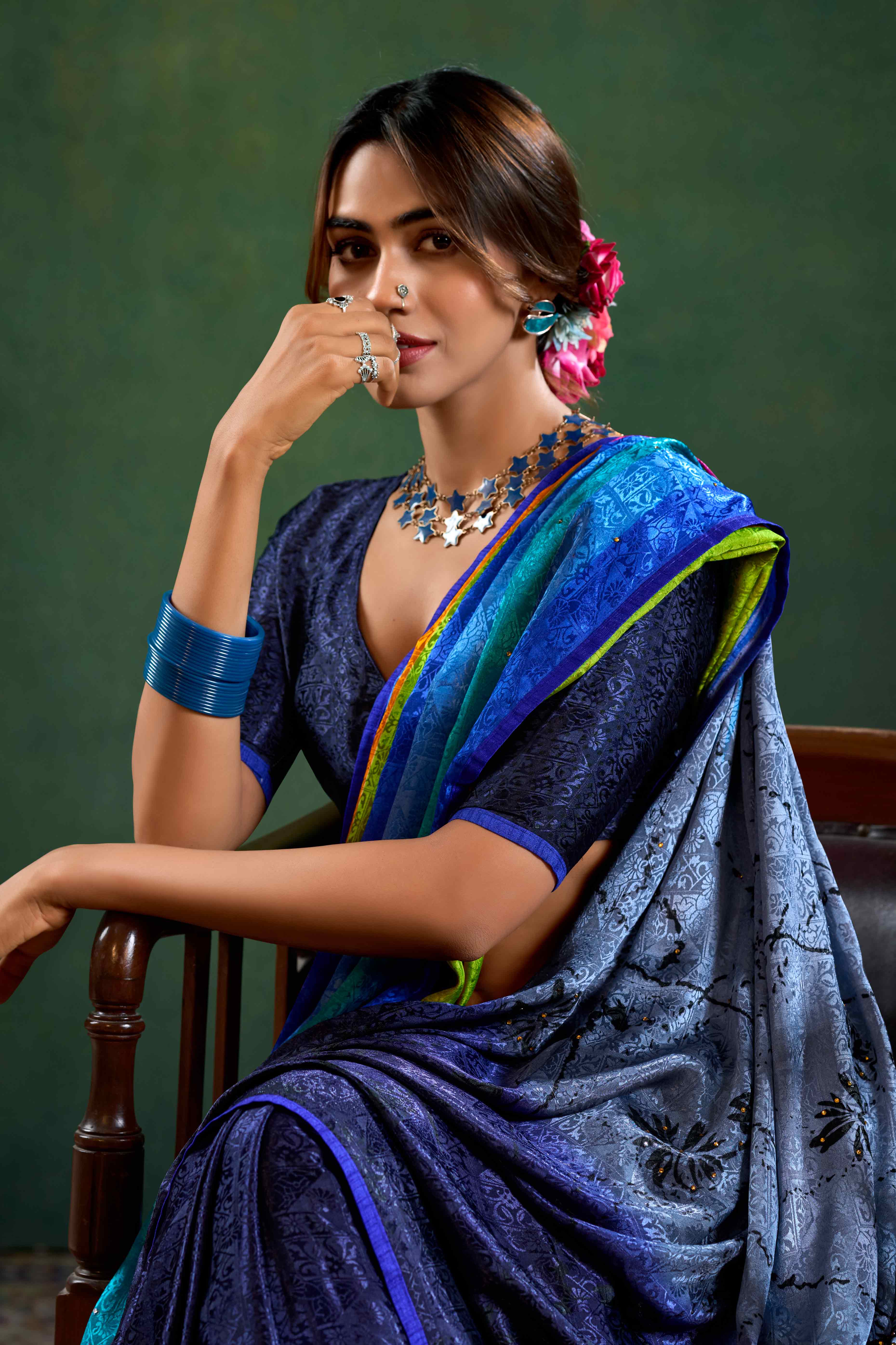 Blue Crepe Jacquard Saree with Vibrant Prints & Stone Work - Image 5