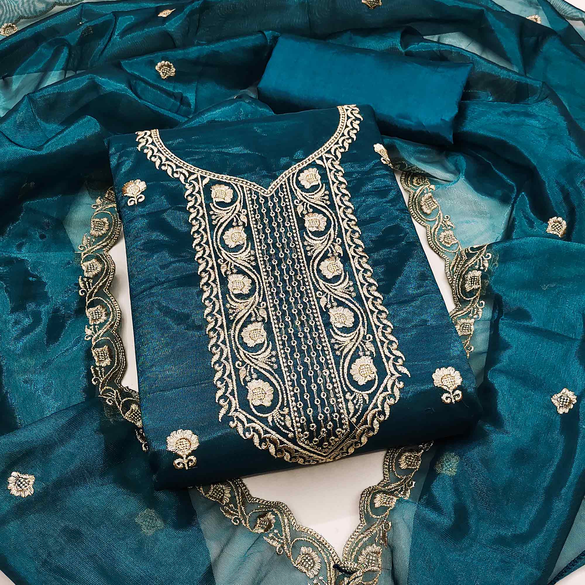 Blue Delight Floral Embroidered Twill Net Dress Material