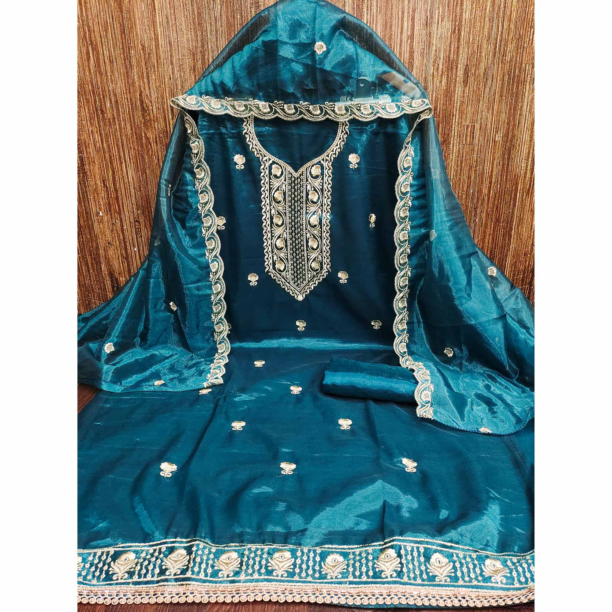 Blue Delight Floral Embroidered Twill Net Dress Material - Image 3