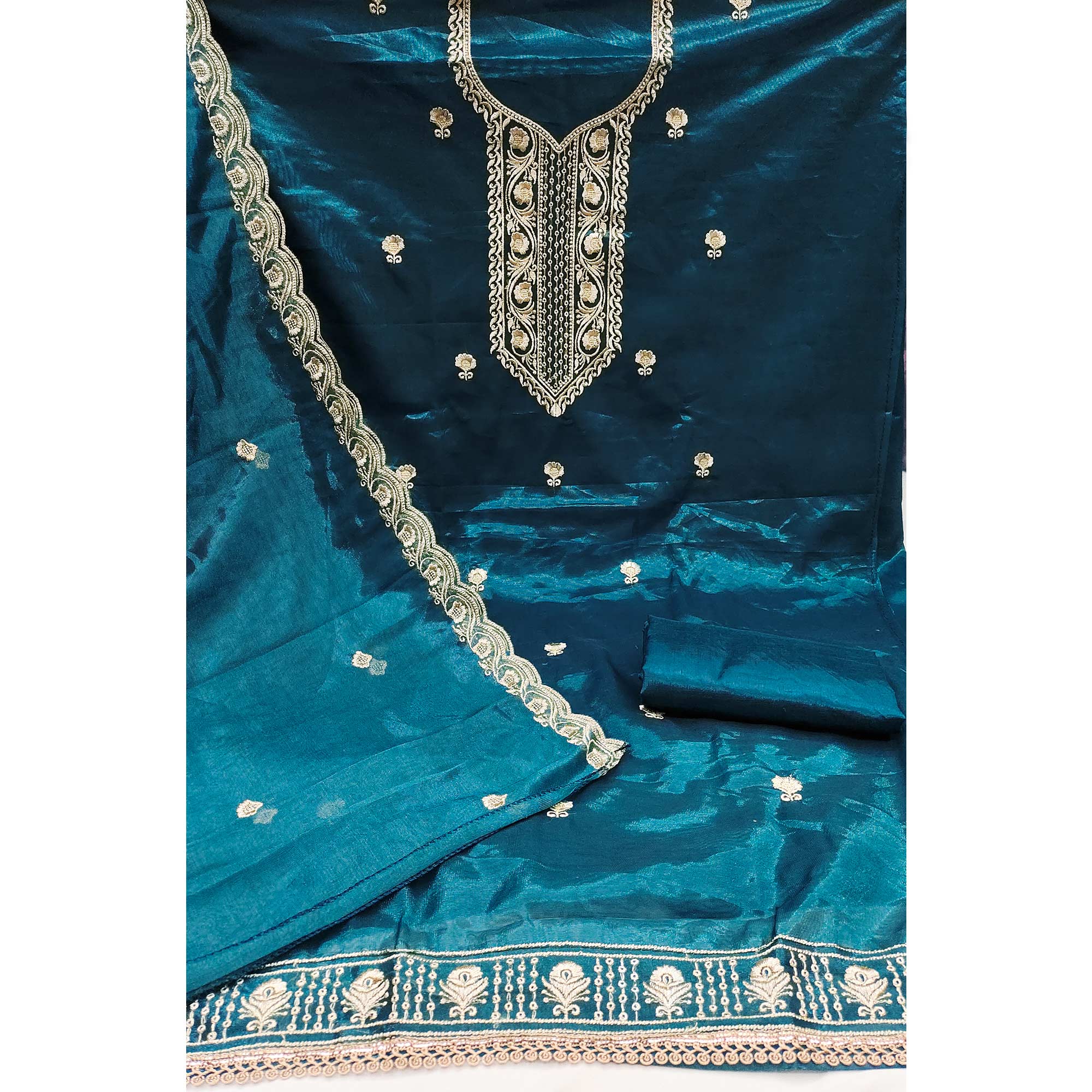 Blue Delight Floral Embroidered Twill Net Dress Material - Image 4