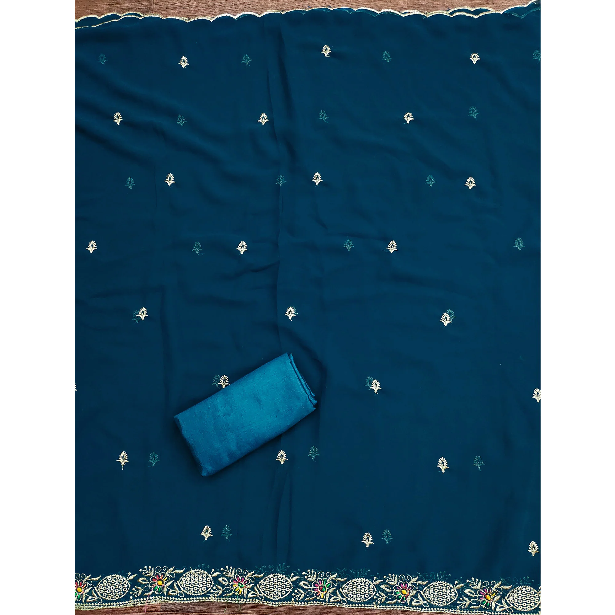 Blue Designer Georgette Dress Material Adorned With Intricate Floral Embroidery - Image 5