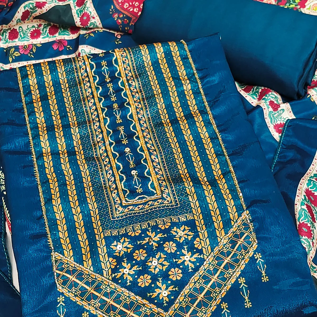 Blue Digital Printed Chinon Dress Material With Sequins & Handwork Embellishment - Image 2