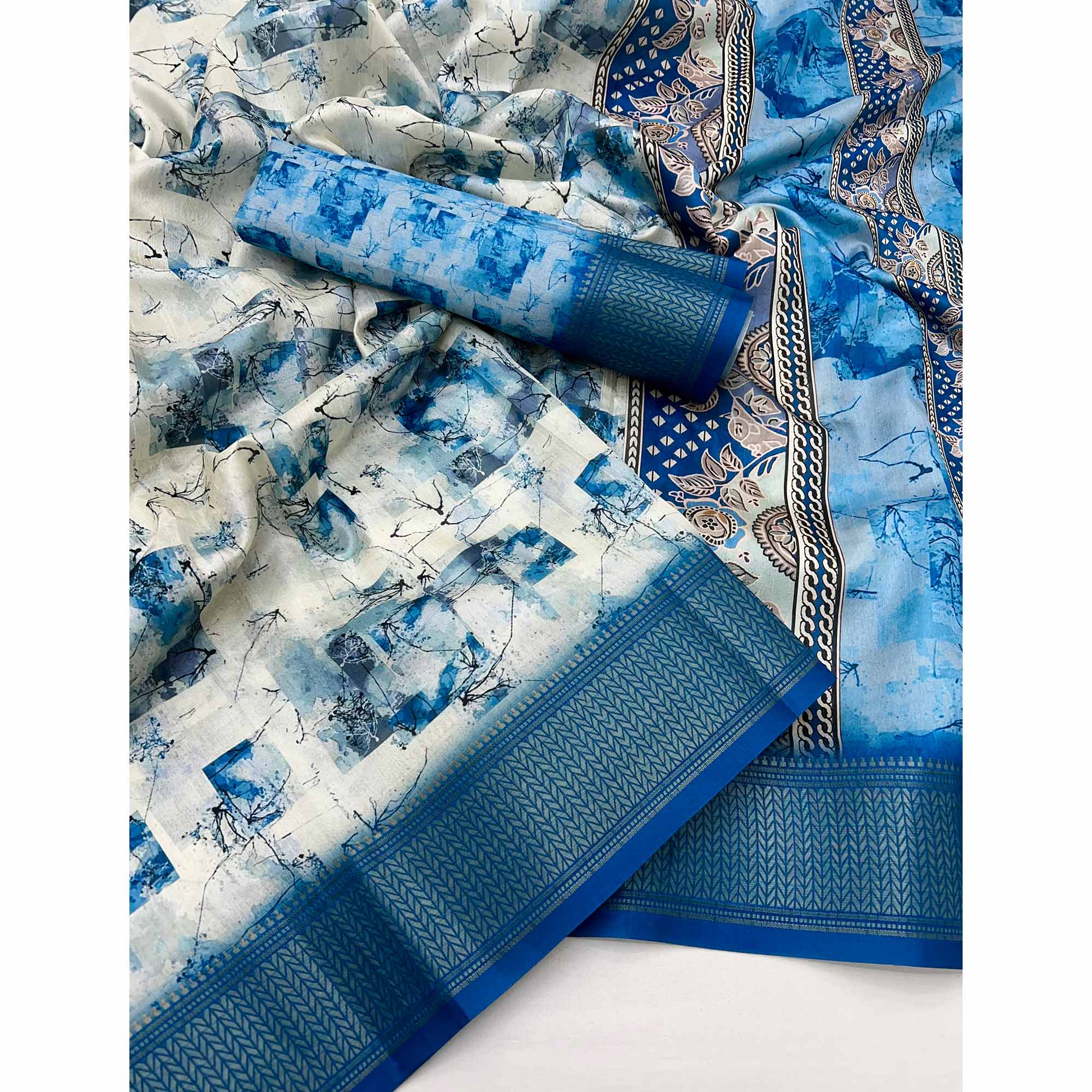 Blue Digital Printed Dola Saree Featuring Elegant Weaving Border & Stylish Tassel Pallu - Image 3