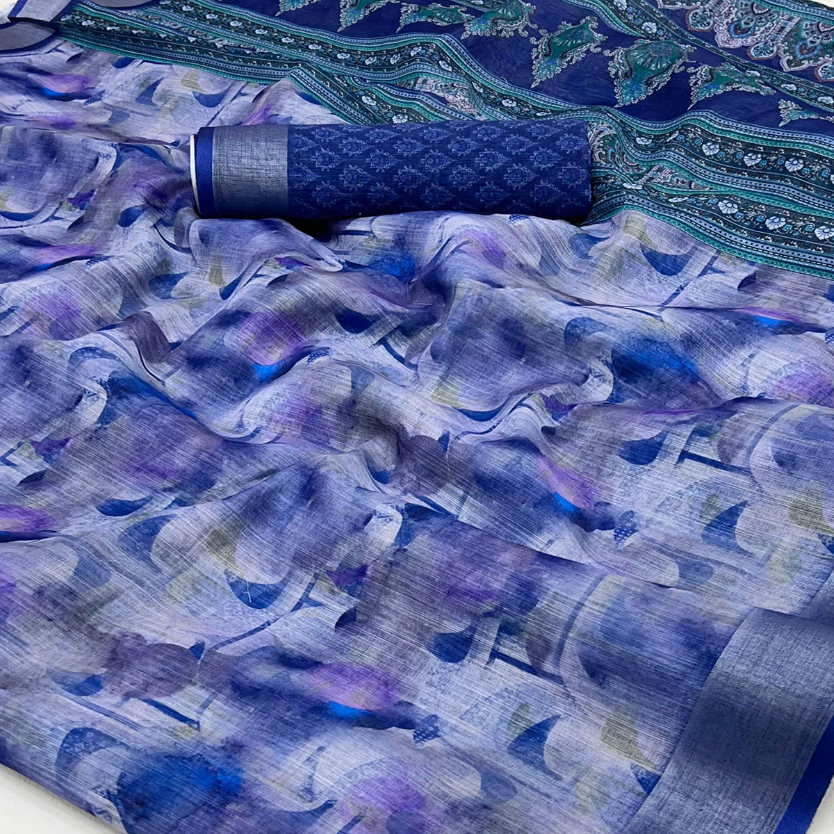 Blue Digital Printed Linen Saree With Woven Border - Image 2