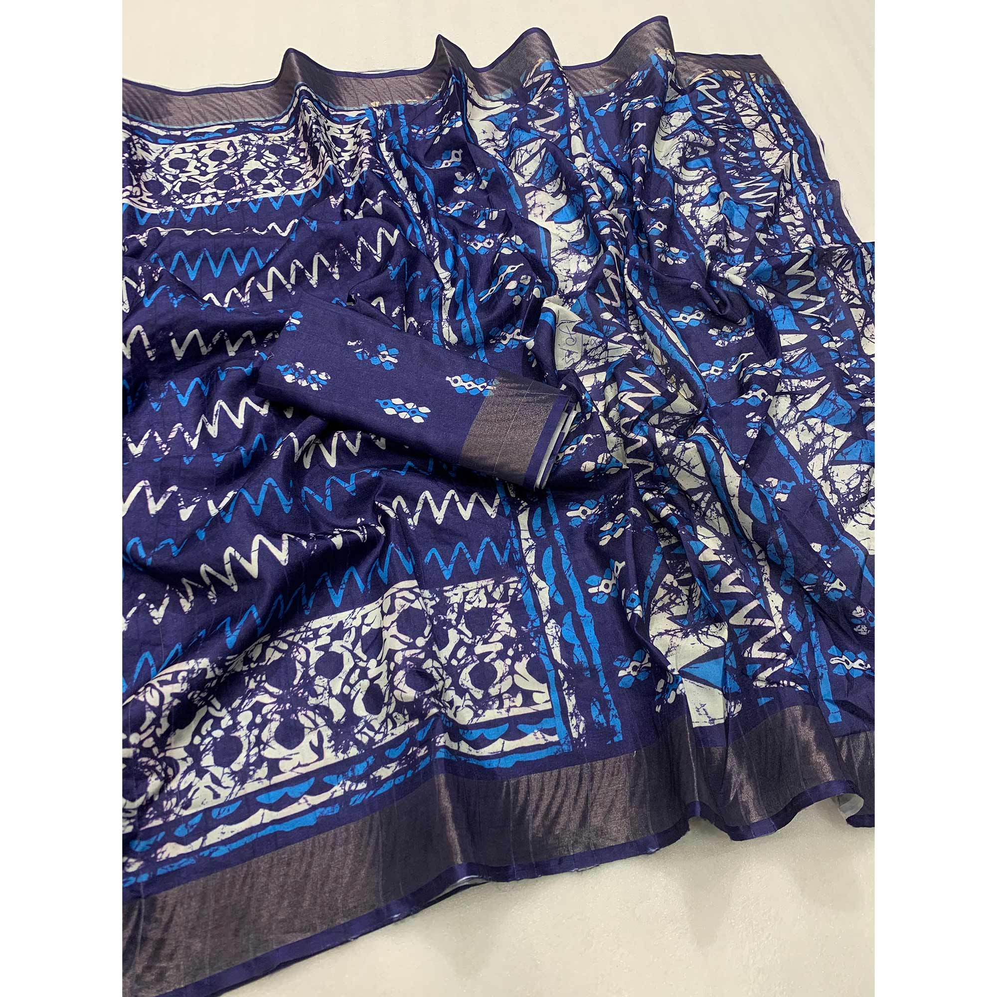 Blue Digital Printed Tussar Silk Saree - Image 3