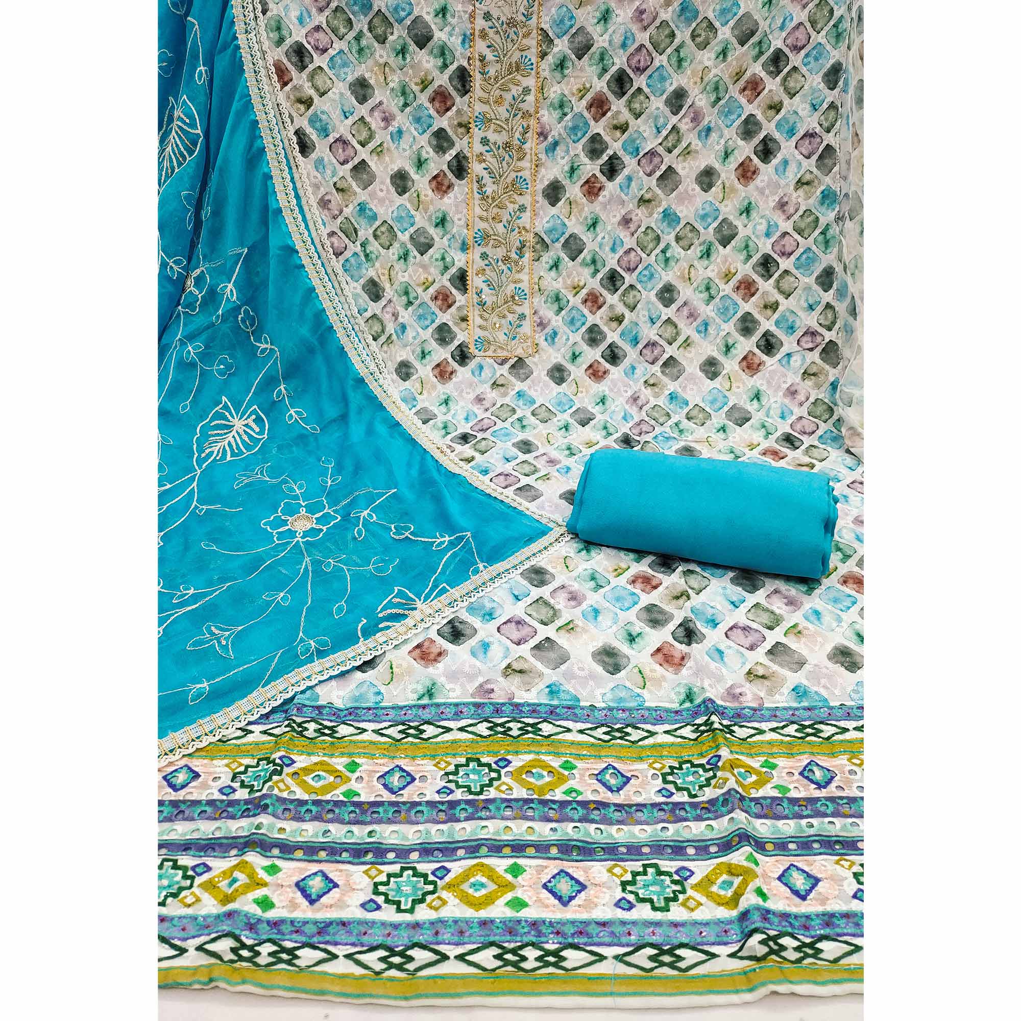 Blue Digital Printed With Sequins Embroidery & Handwork Pure Cotton Dress Material - Image 4