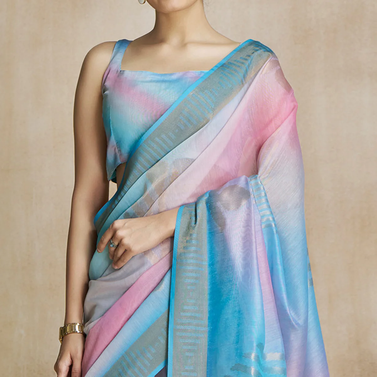 Blue Digital Printed With Woven Pure Silk Ombre Saree - Image 3