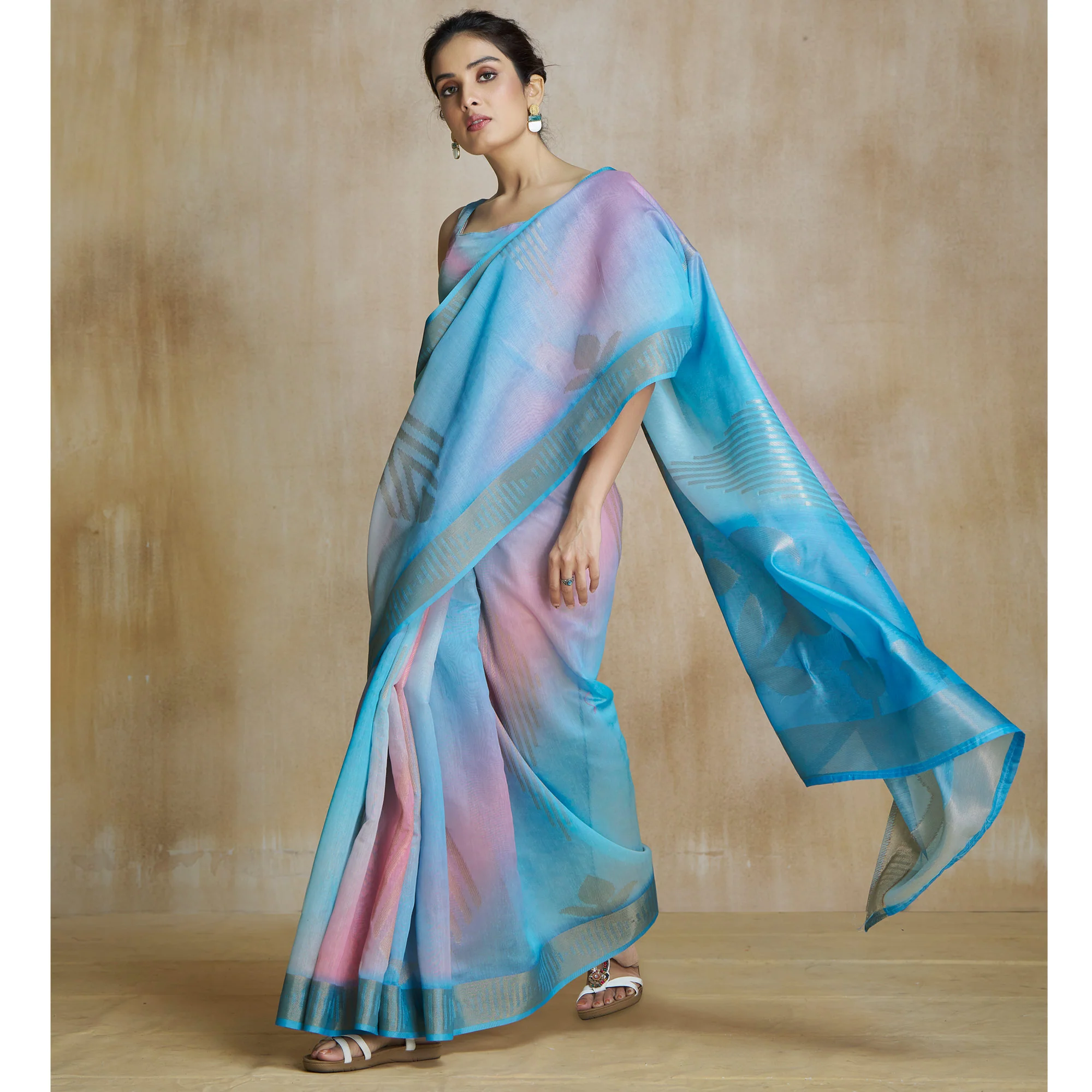 Blue Digital Printed With Woven Pure Silk Ombre Saree - Image 4