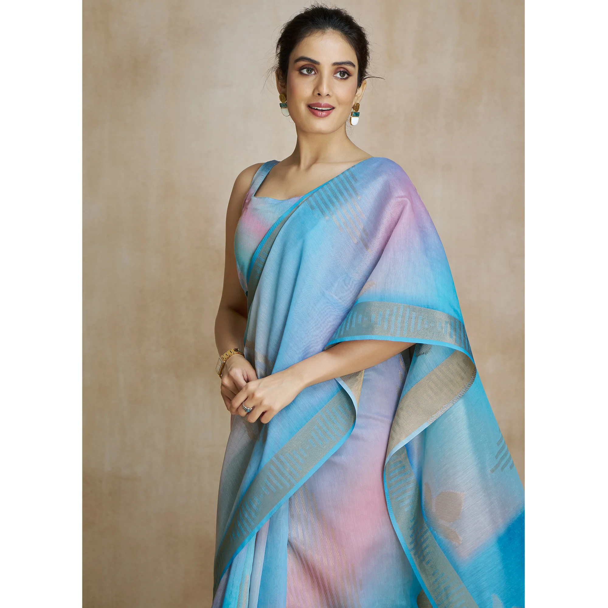 Blue Digital Printed With Woven Pure Silk Ombre Saree - Image 5