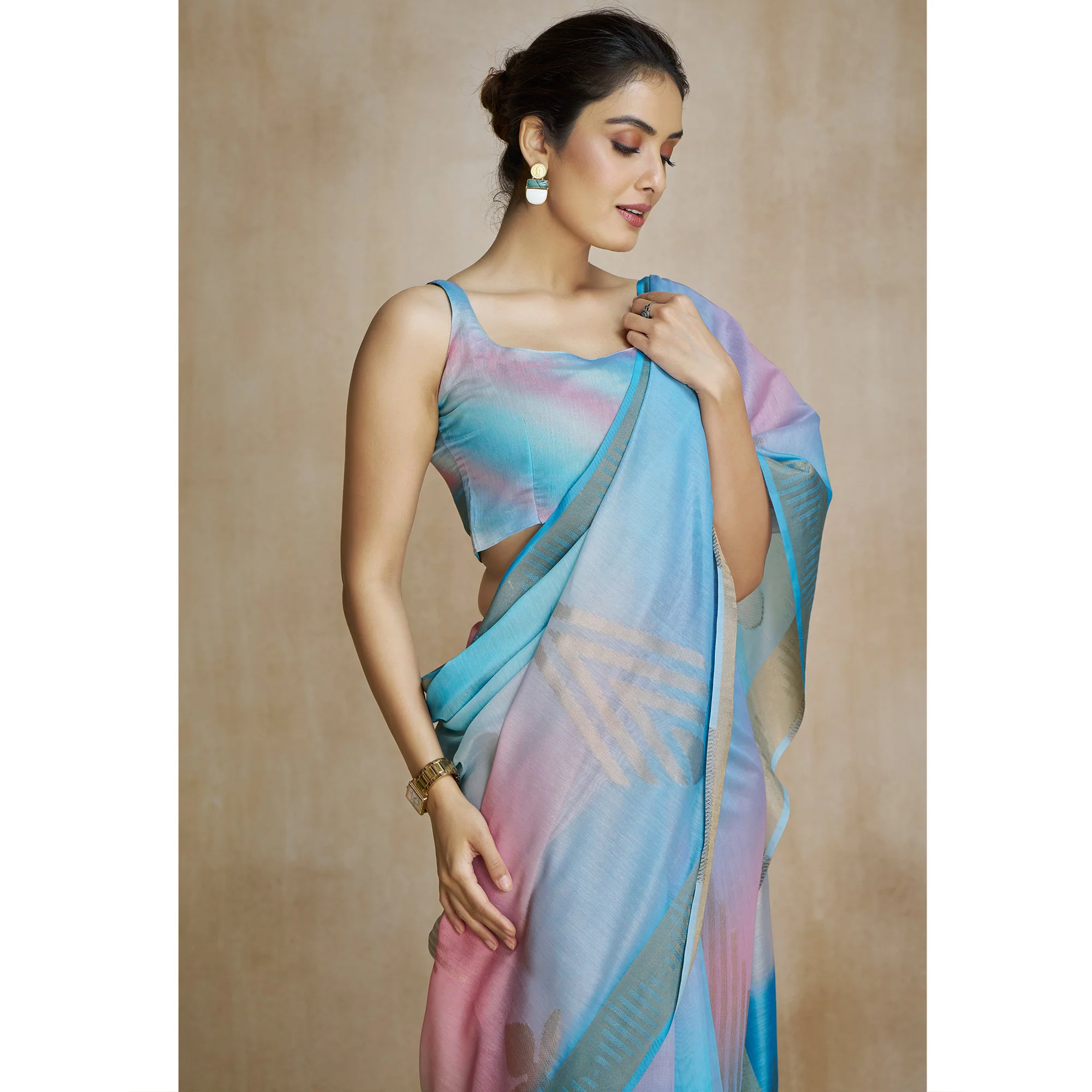 Blue Digital Printed With Woven Pure Silk Ombre Saree - Image 6