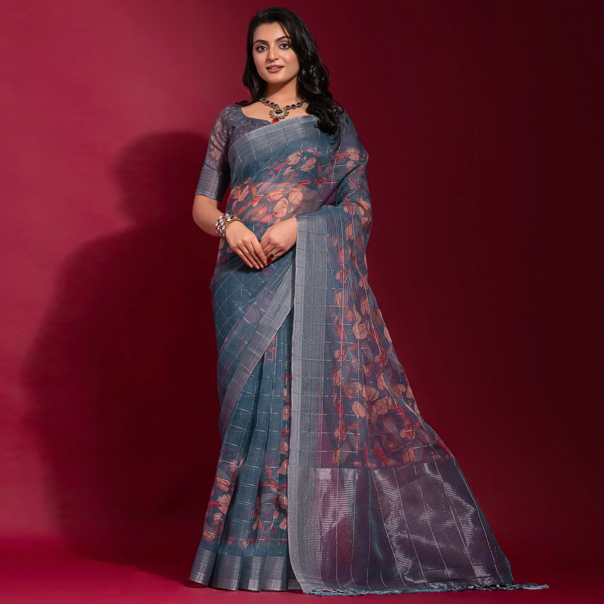 Blue Digital Printed With Zari Work Linen Saree - Image 2