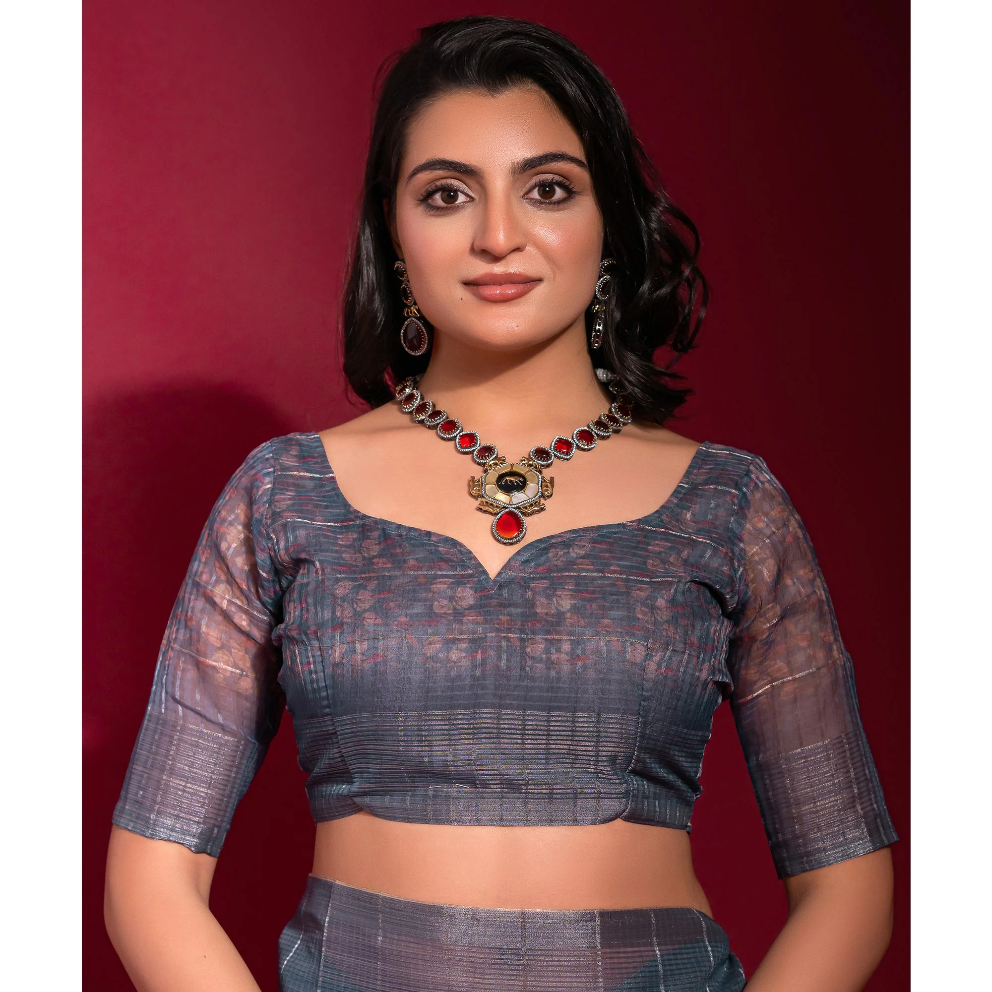 Blue Digital Printed With Zari Work Linen Saree - Image 5