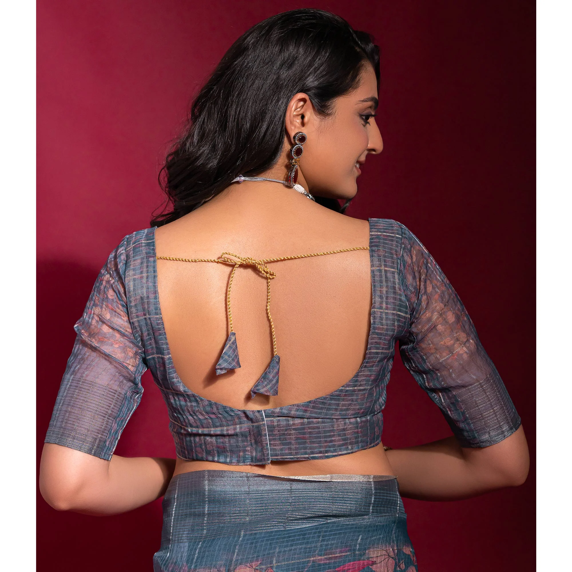 Blue Digital Printed With Zari Work Linen Saree - Image 6