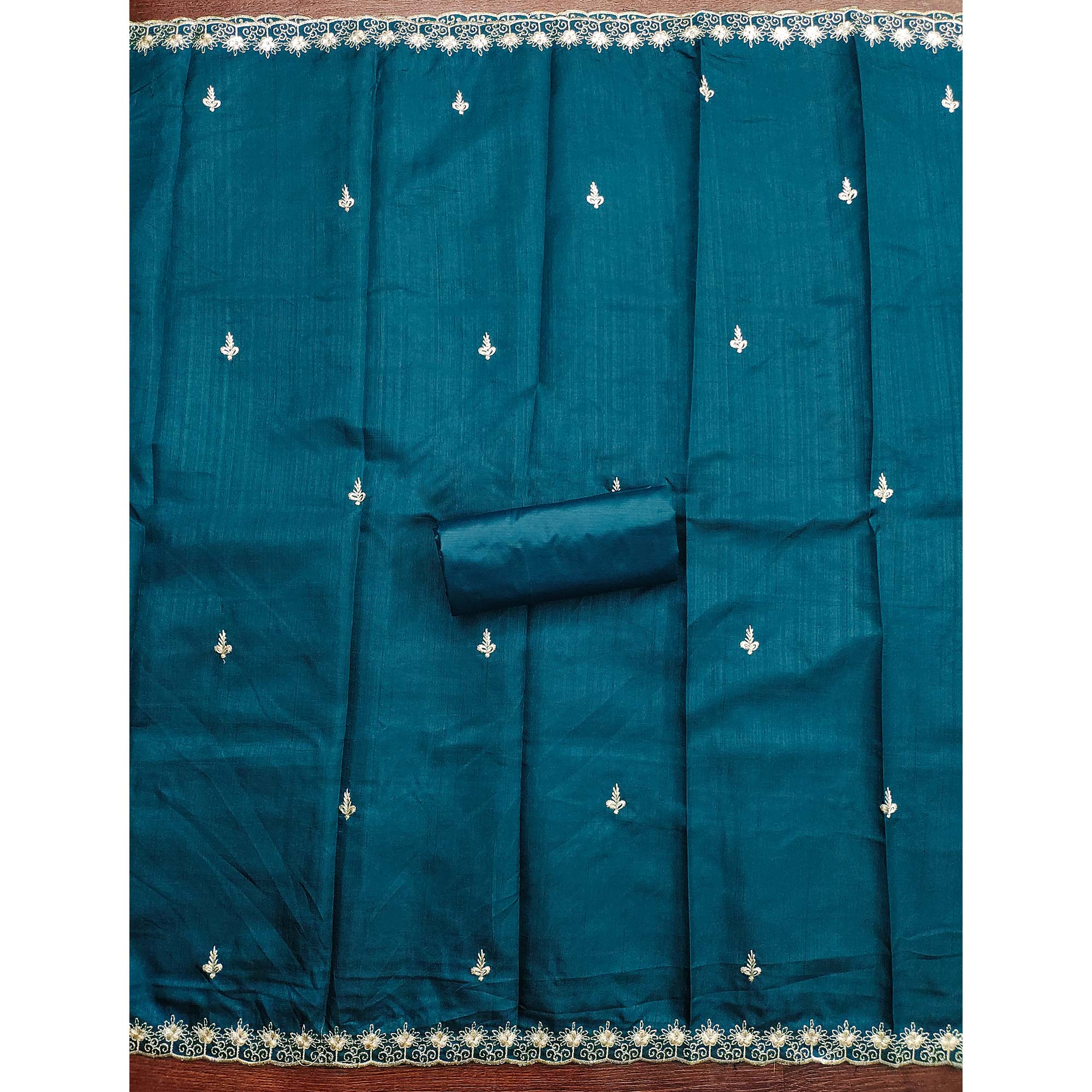 Blue Dress Material In Cotton Blend Featuring Exquisite Floral Embroidery - Image 5