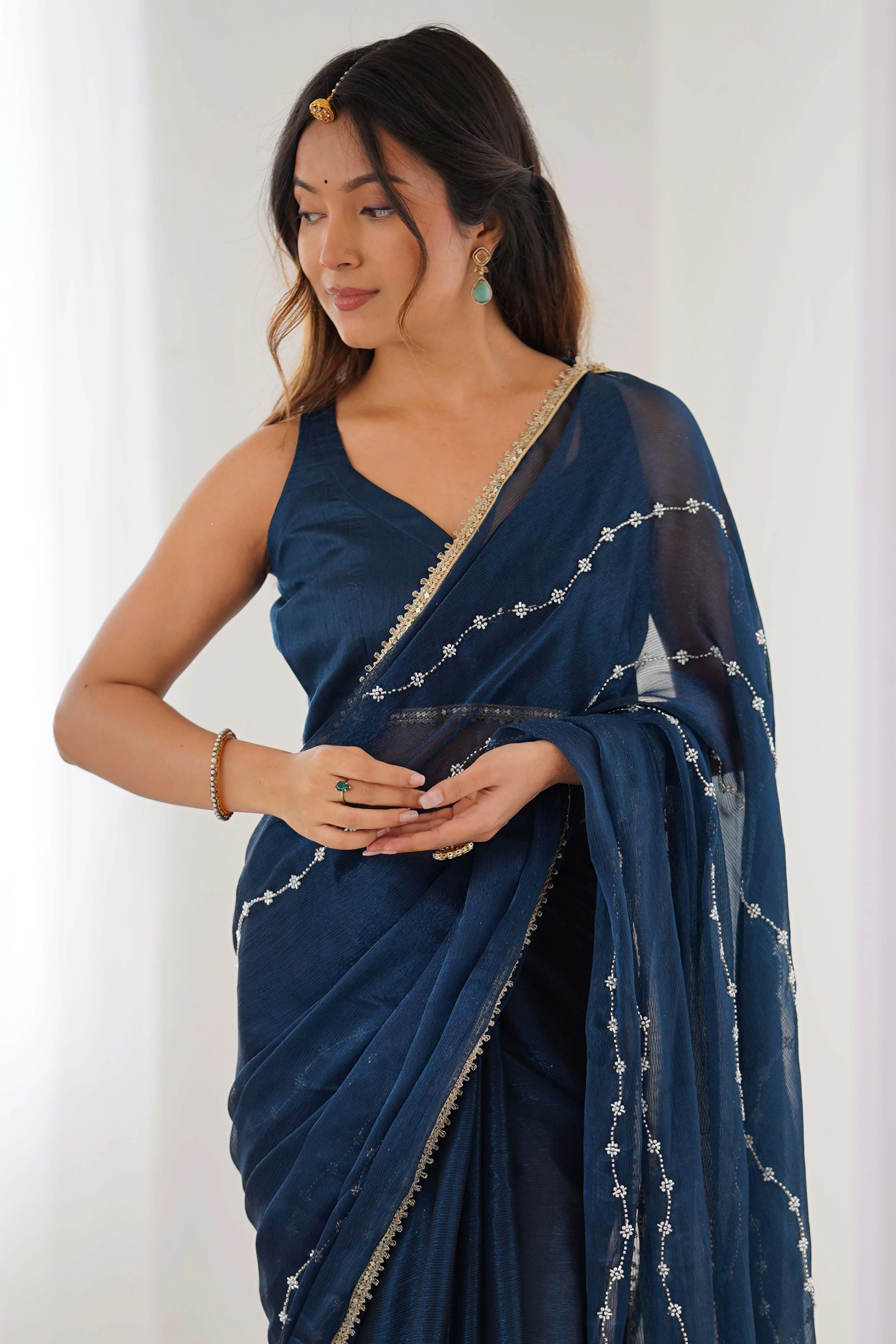 Blue Embellished Organza Saree With Delicate Linear Beads & Stones detailing - Image 7