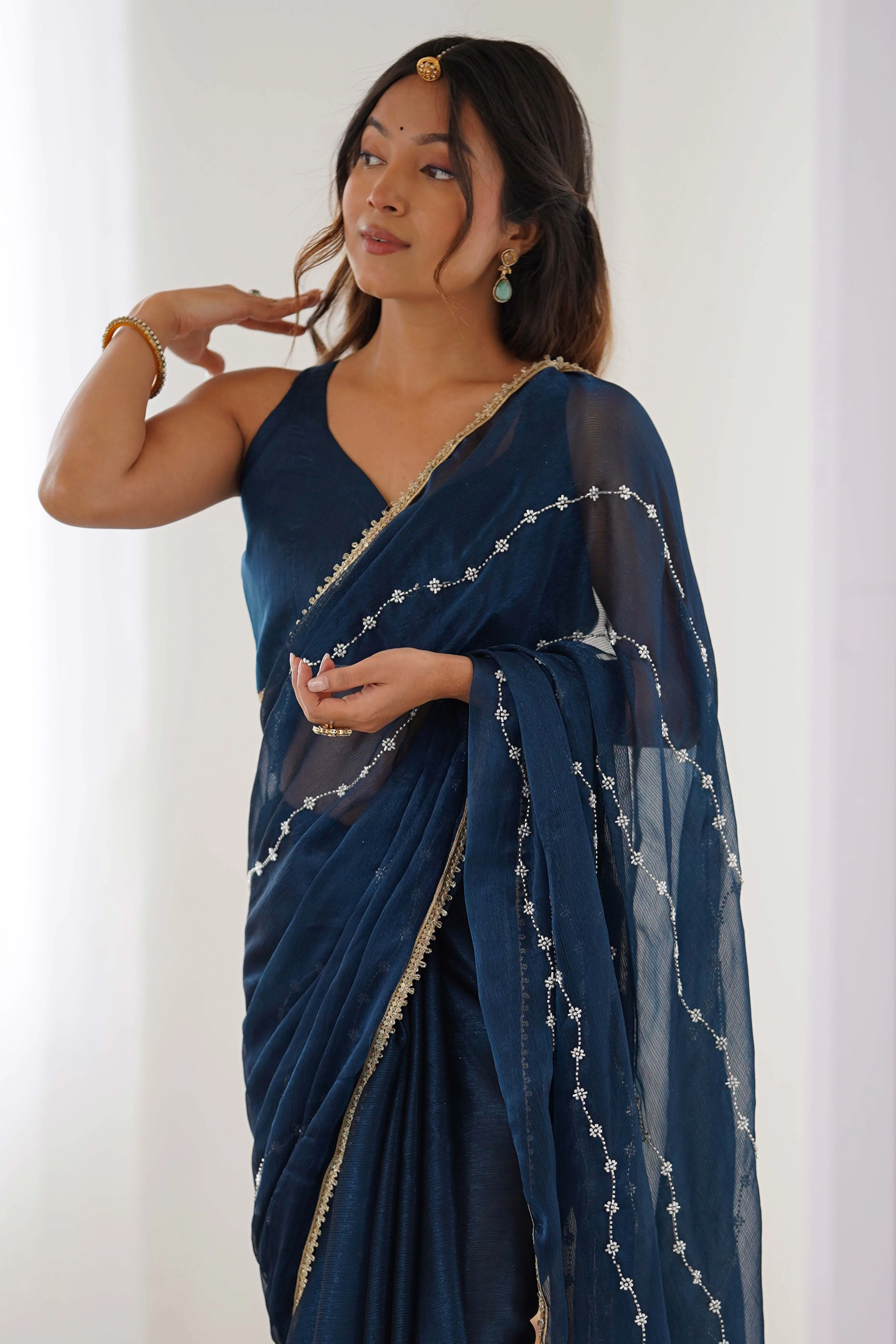 Blue Embellished Organza Saree With Delicate Linear Beads & Stones detailing - Image 8