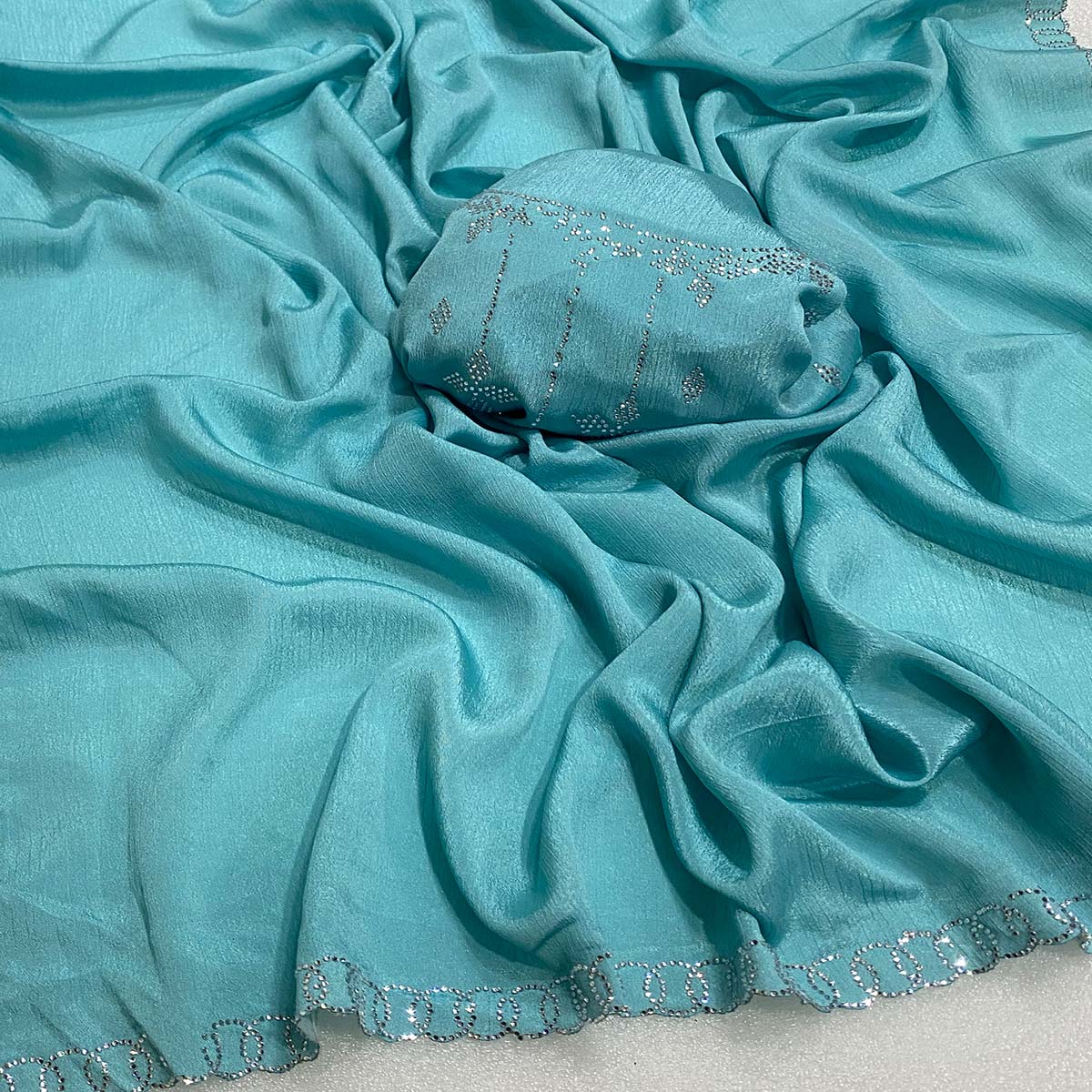 Blue Embellished Silk Blend Saree Featuring Fine Swarovski Stone Detailing - Image 2