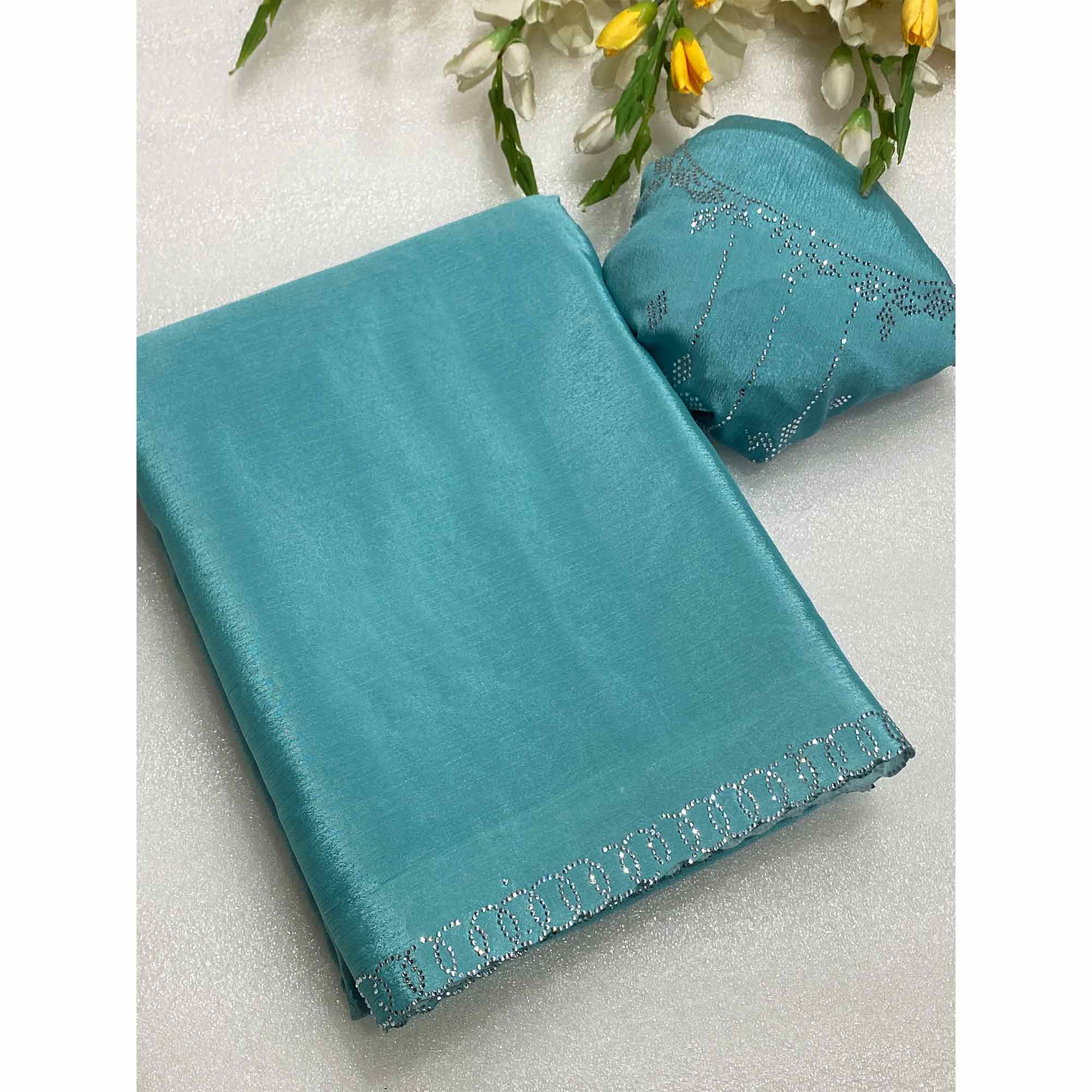 Blue Embellished Silk Blend Saree Featuring Fine Swarovski Stone Detailing - Image 3