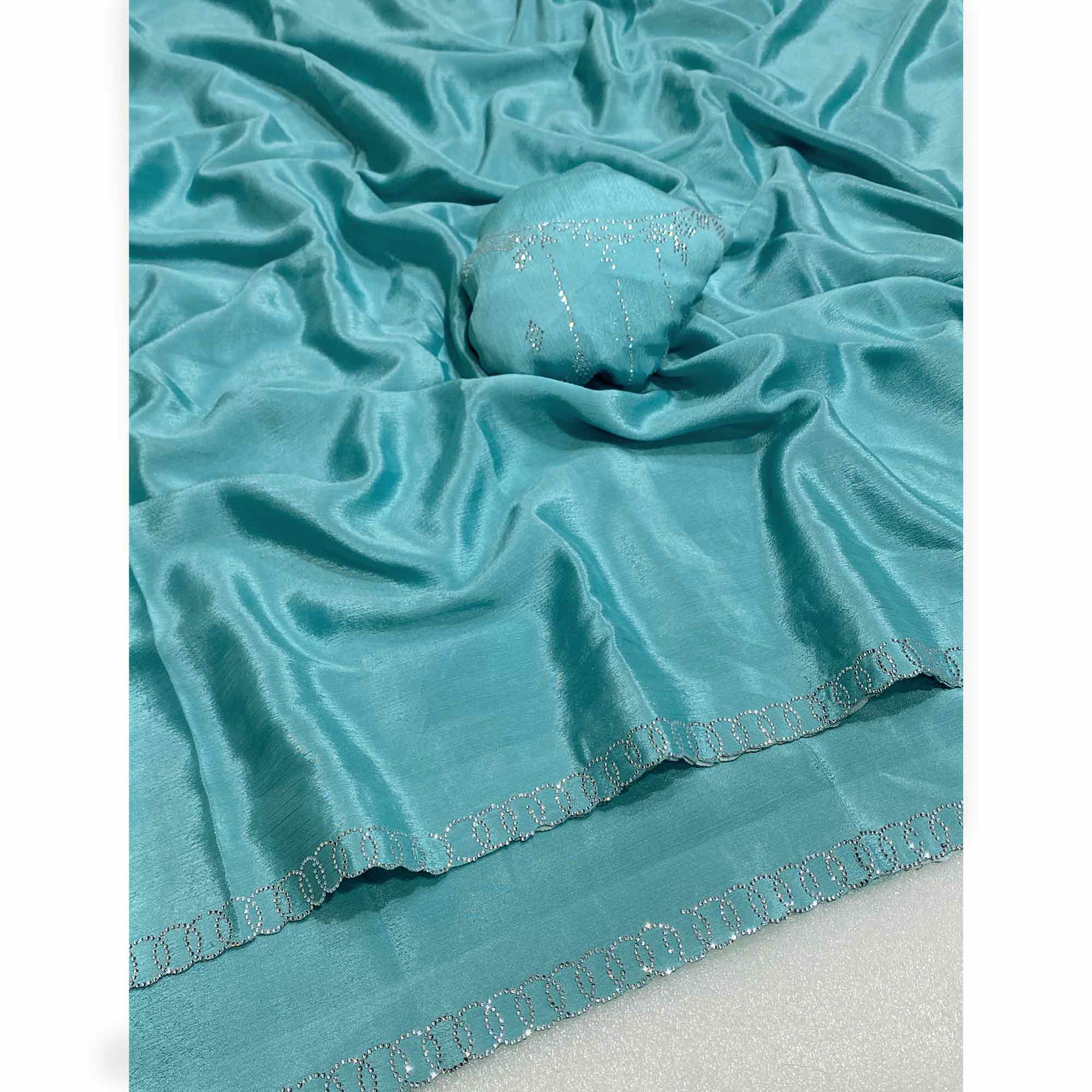 Blue Embellished Silk Blend Saree Featuring Fine Swarovski Stone Detailing - Image 4
