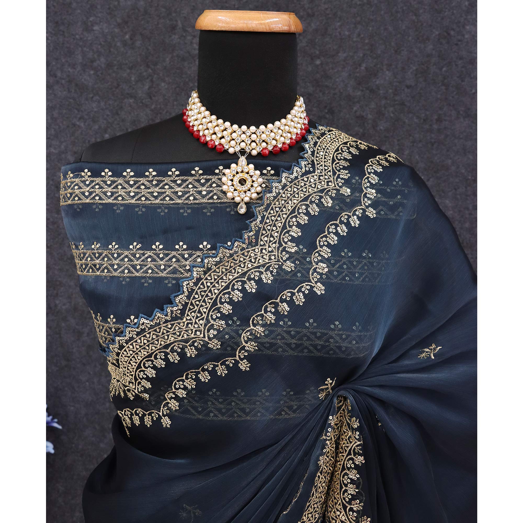 Blue Embroidered Chiffon Saree - Image 7