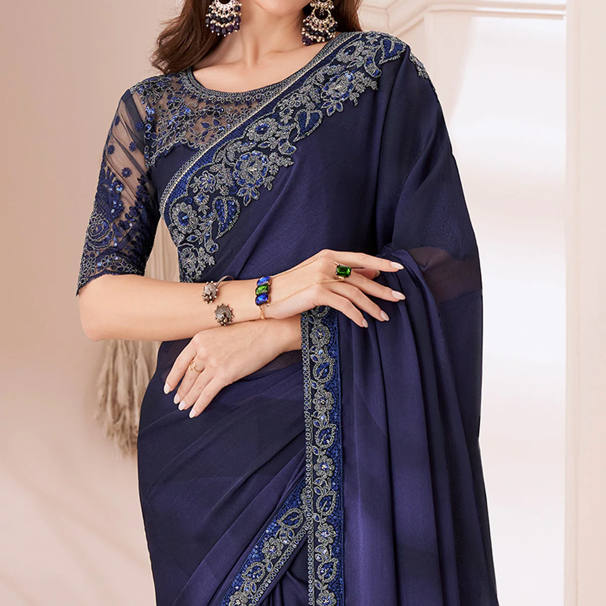Blue Embroidered Chiffon Saree - Image 3