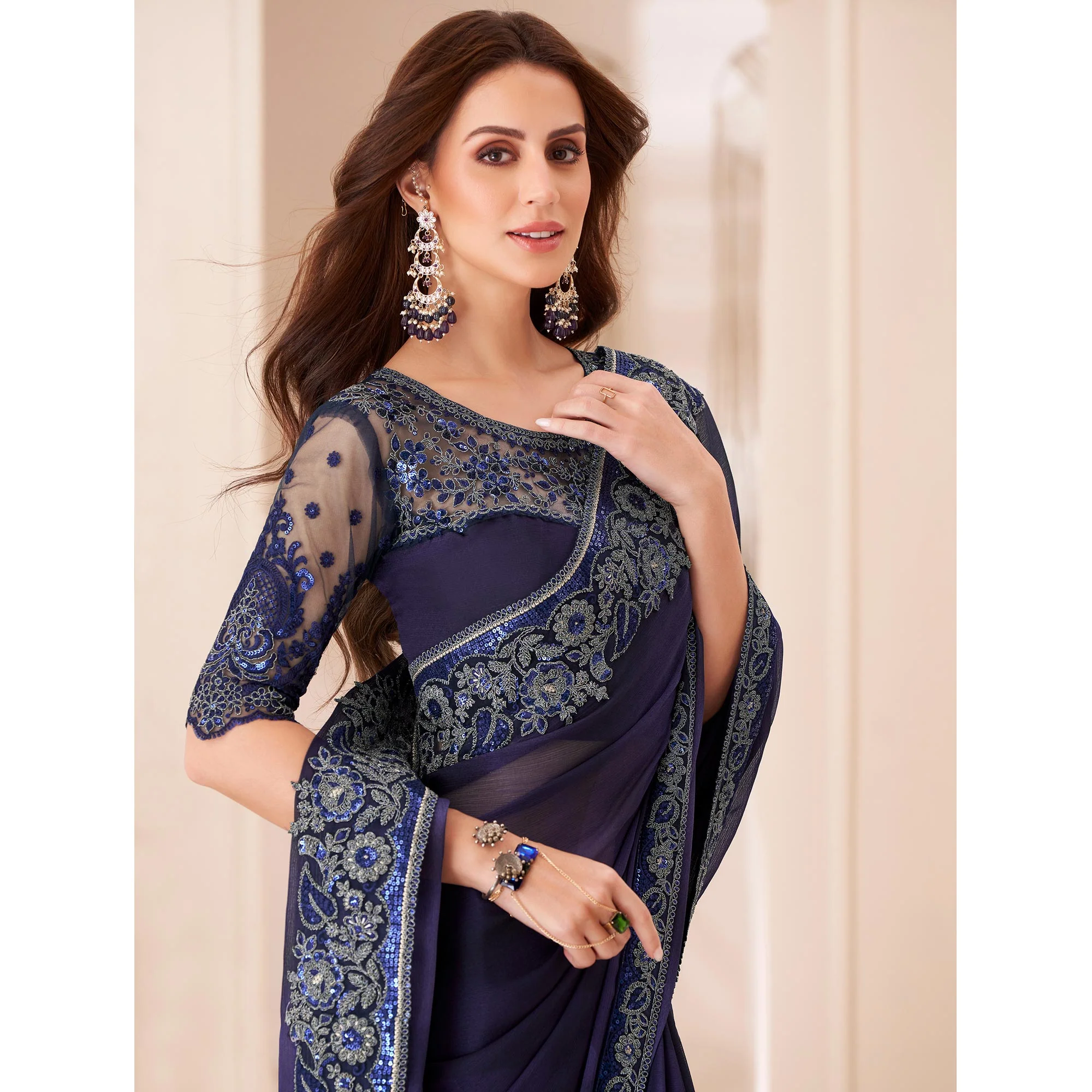Blue Embroidered Chiffon Saree - Image 4