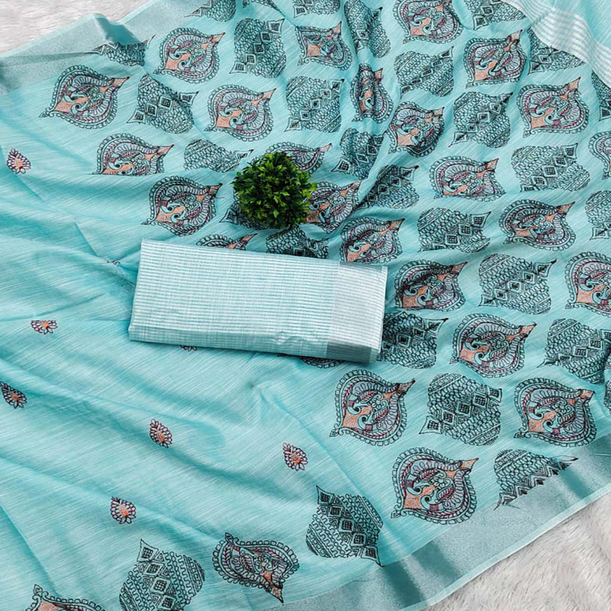 Blue Embroidered Cotton Silk Saree With Tassels - Image 2
