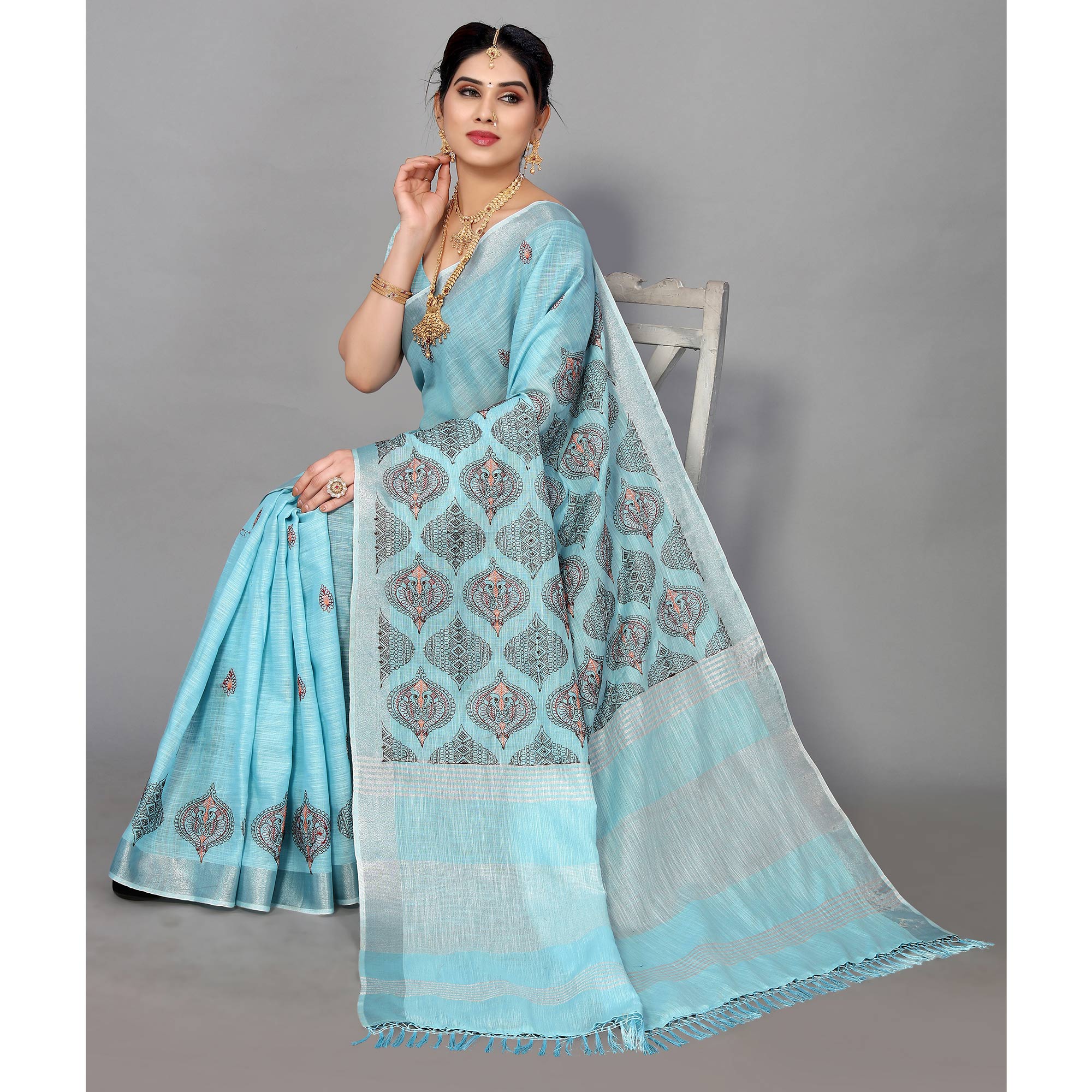 Blue Embroidered Cotton Silk Saree With Tassels - Image 6