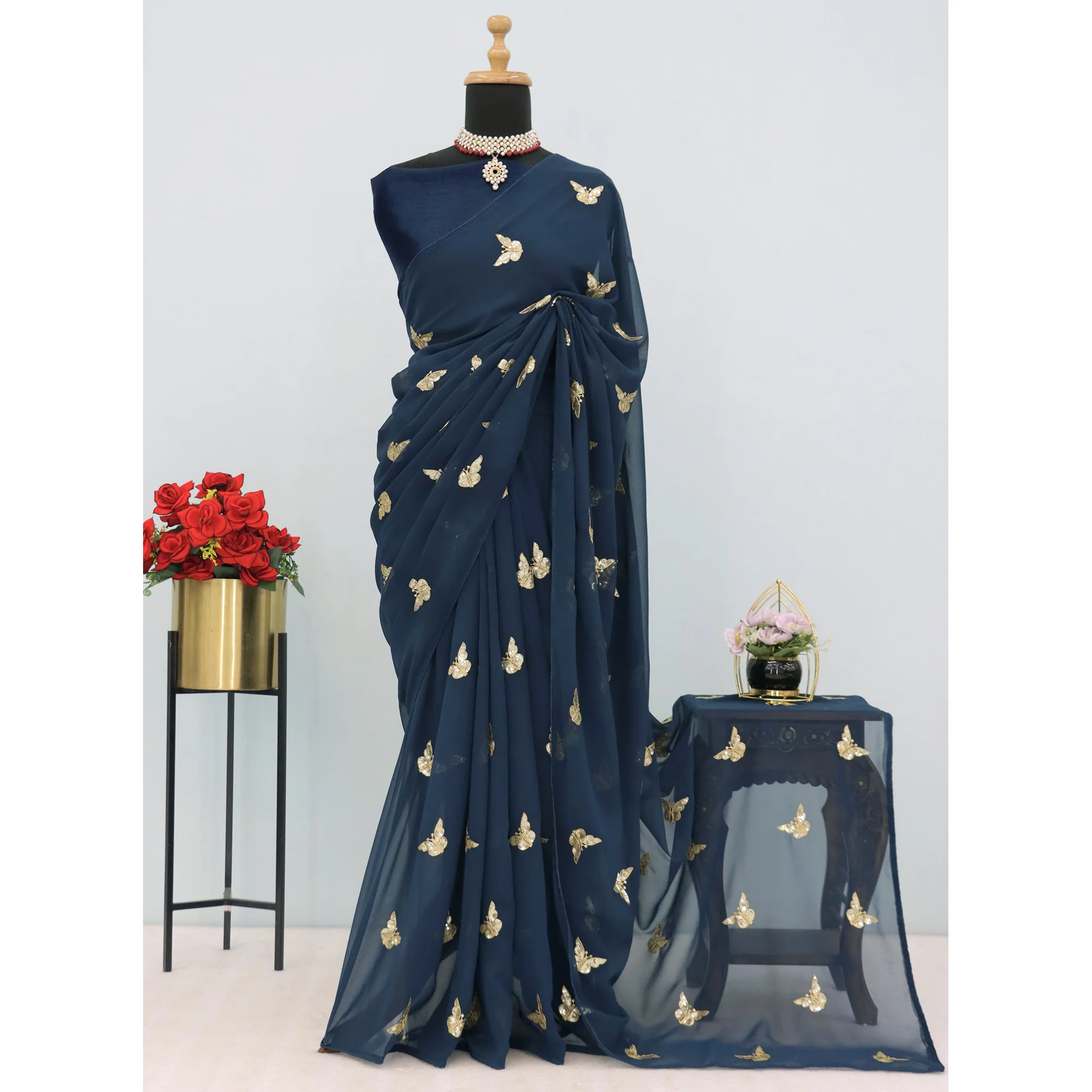 Blue Embroidered Georgette Saree With Shimmering Butterfly Sequin Work - Image 7