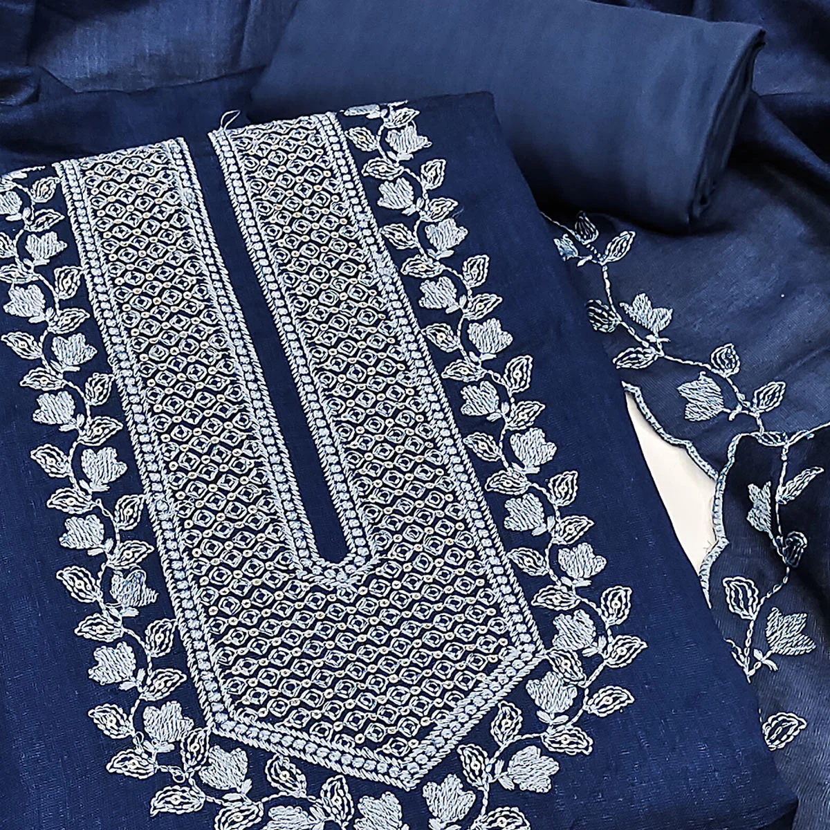 Blue Embroidered Vichitra Silk Dress Material - Image 2