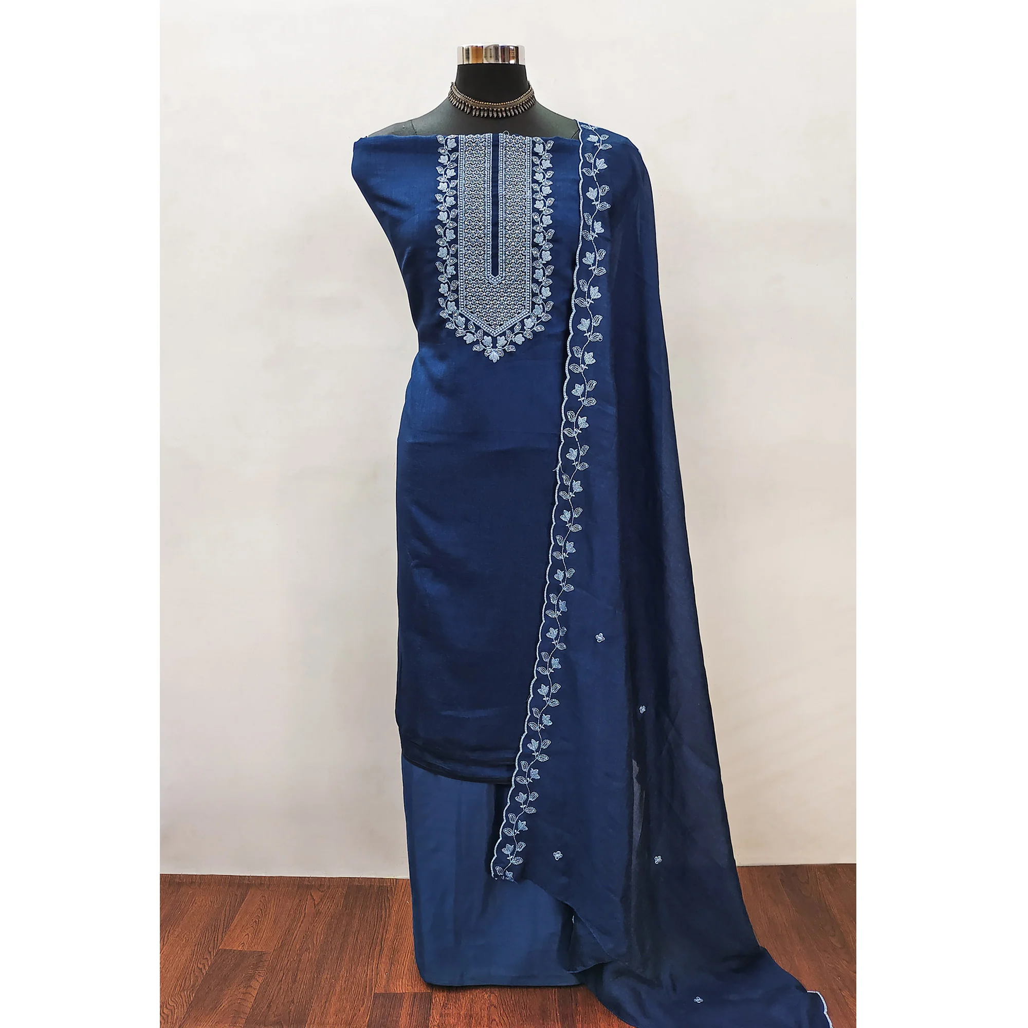 Blue Embroidered Vichitra Silk Dress Material - Image 3