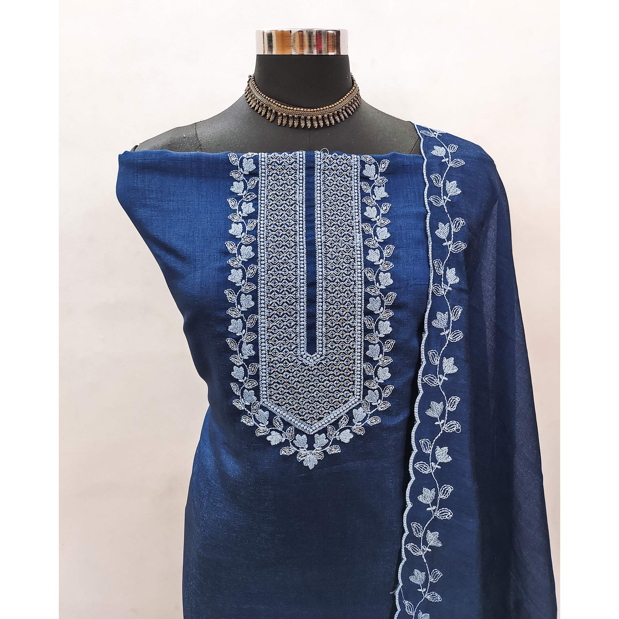 Blue Embroidered Vichitra Silk Dress Material - Image 4