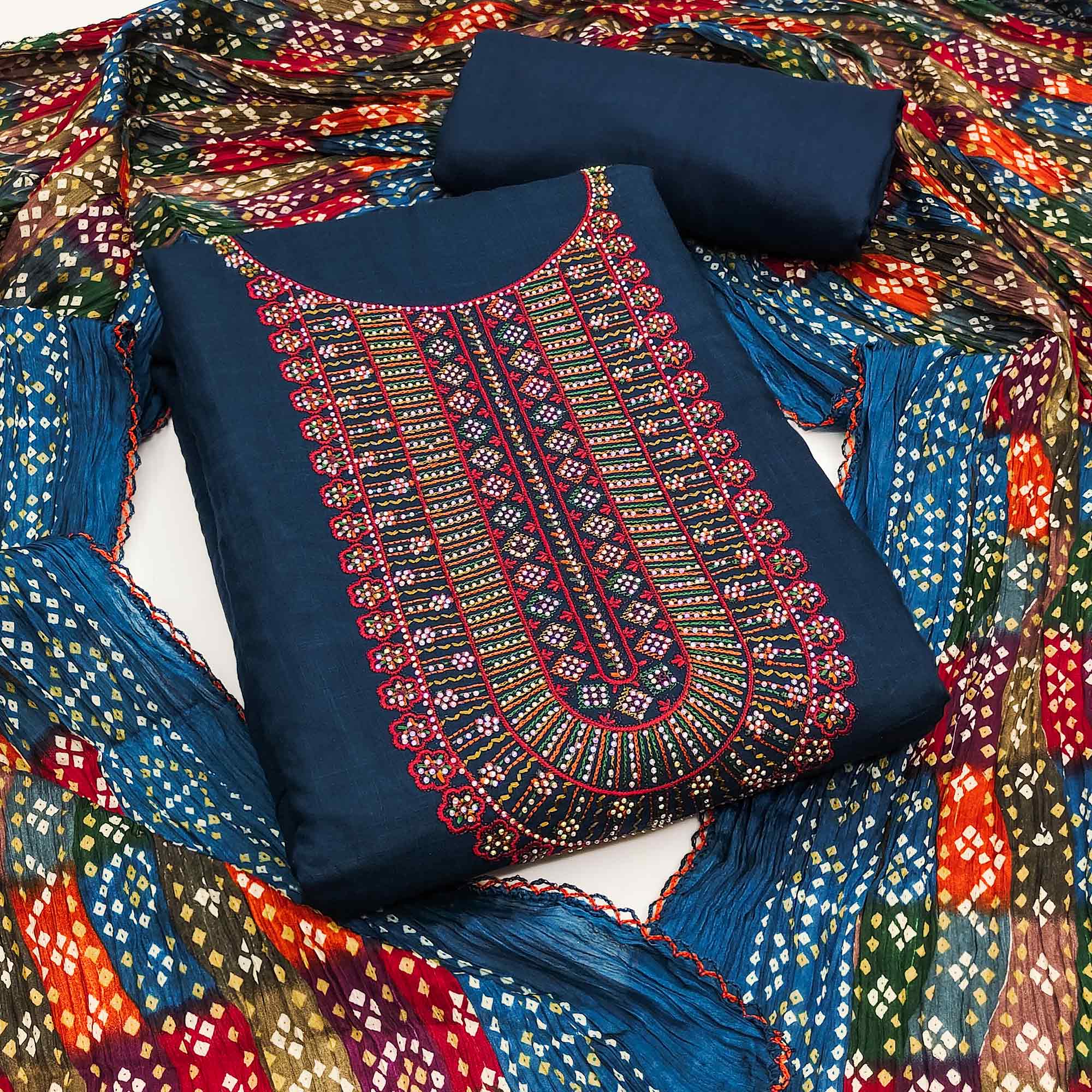 Blue Embroidery With Diamond Rayon Dress Material - Image 4