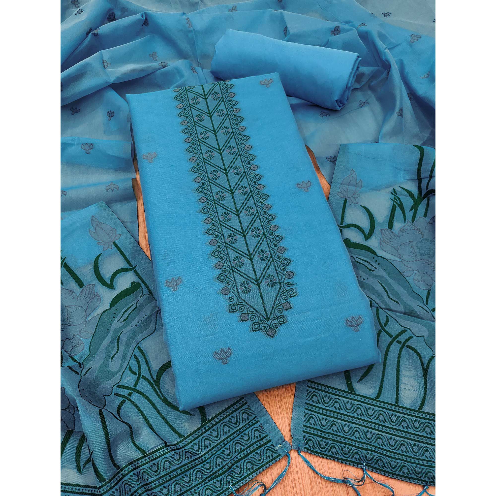 Blue Ethnic Dress Material Showcasing Handloom Style Floral Zari Weaving - Image 3