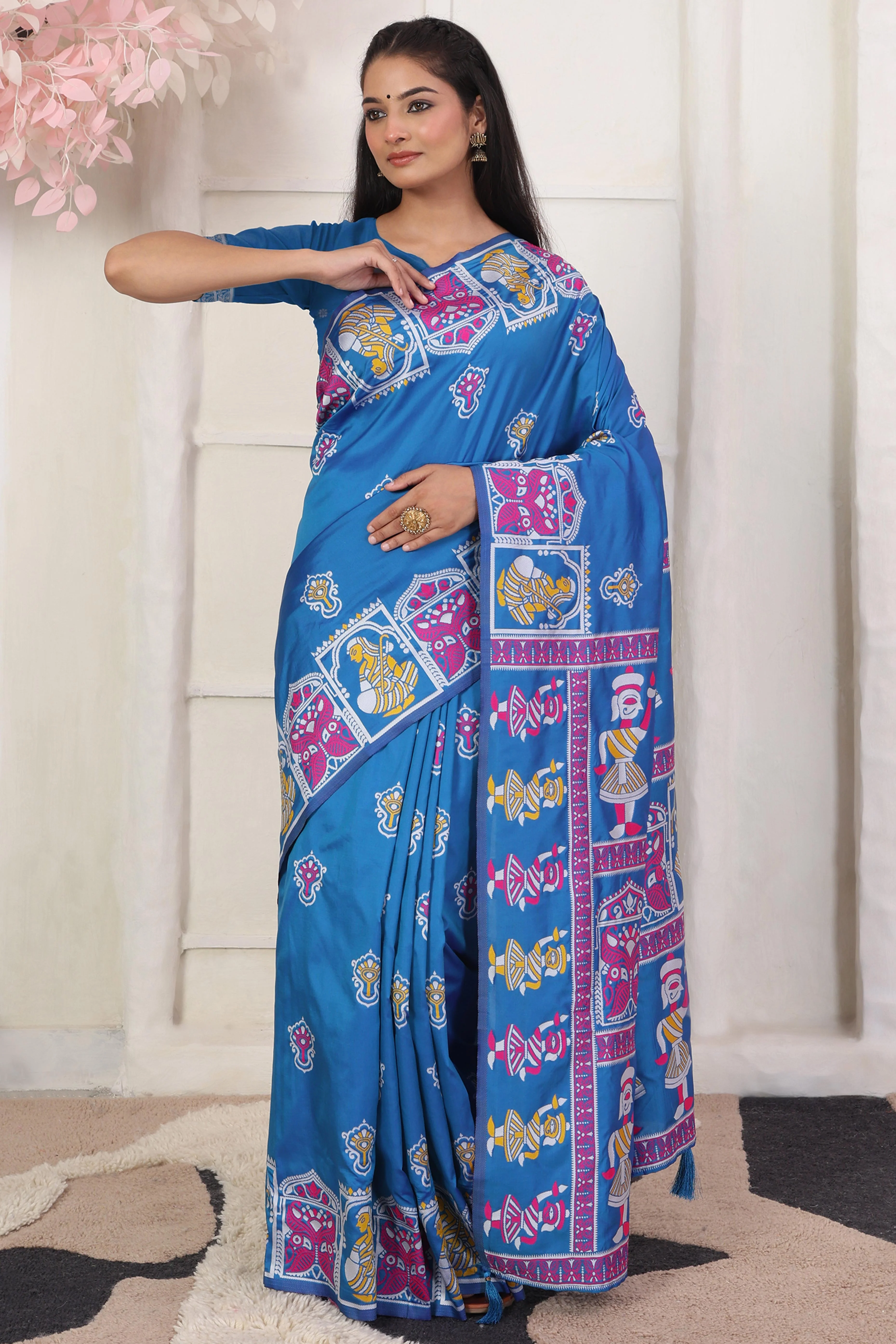 Blue Ethnic Madhubani Print Silk Blend Saree Enhanced With Tassel Pallu Accents - Image 3